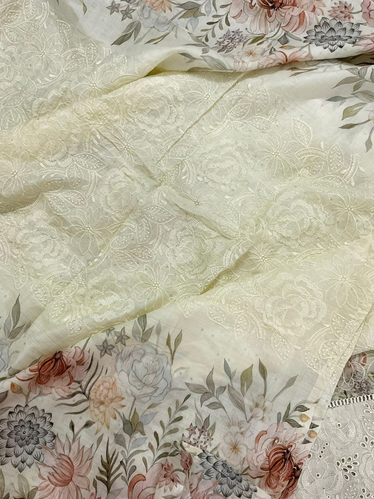 Pure Cotton Printed Embroidered Suit - Cream