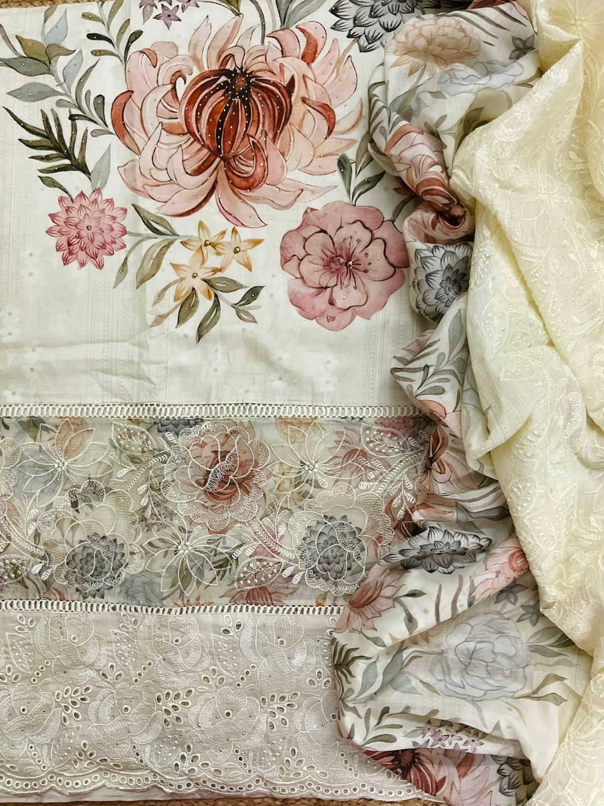 Pure Cotton Printed Embroidered Suit - Cream