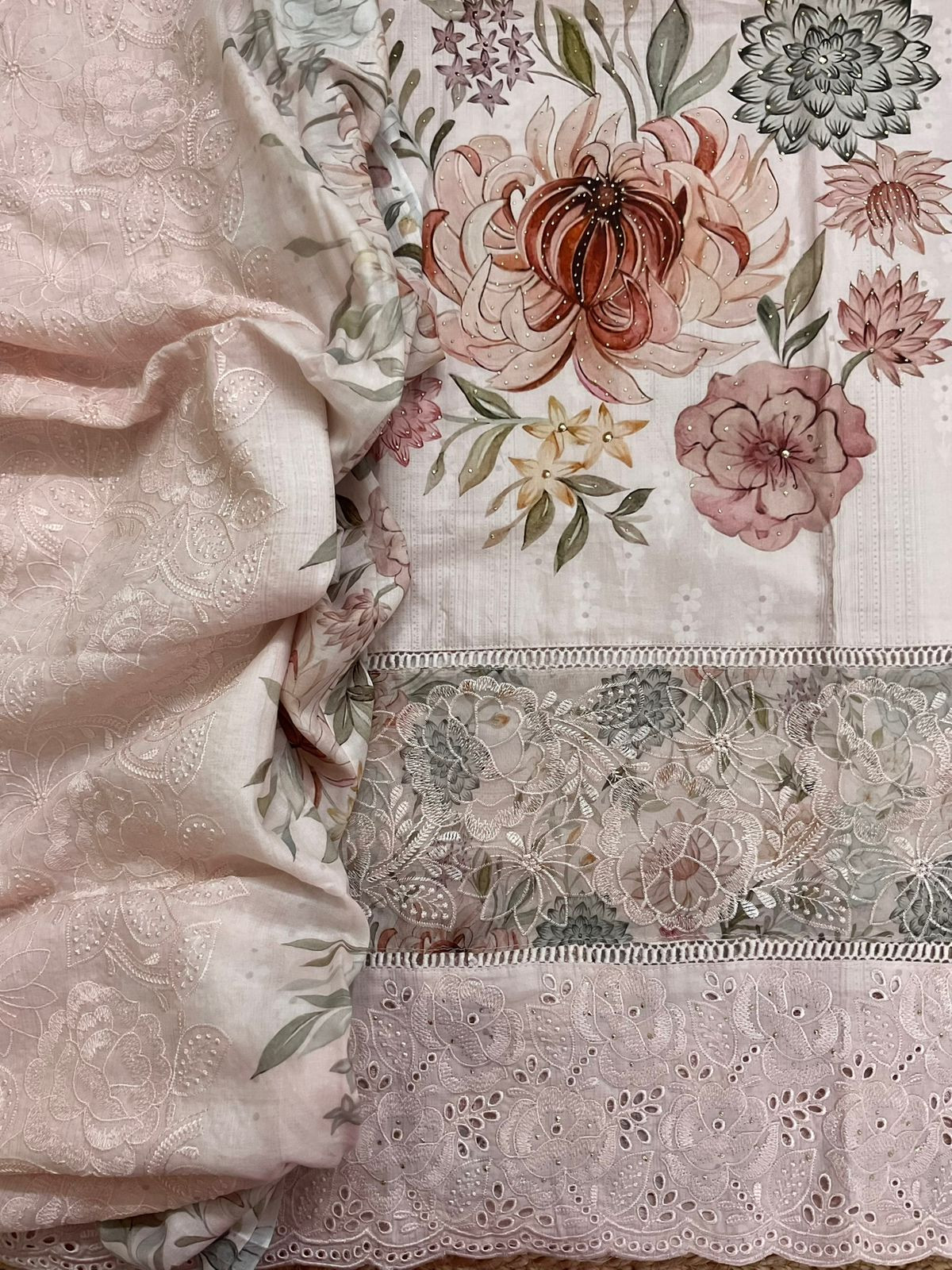 Pure Cotton Printed Embroidered Suit - Light Baby Pink