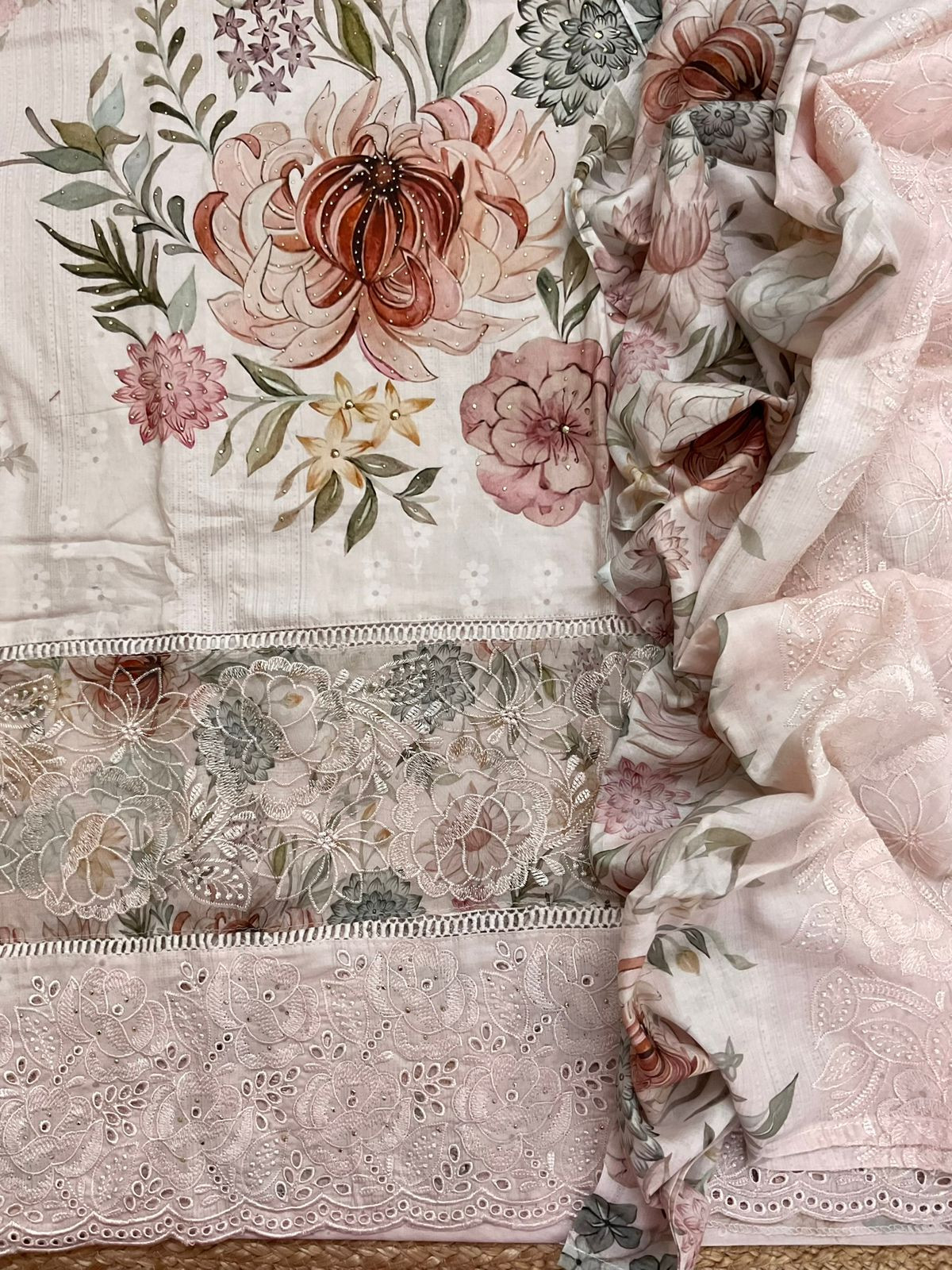 Pure Cotton Printed Embroidered Suit - Light Baby Pink