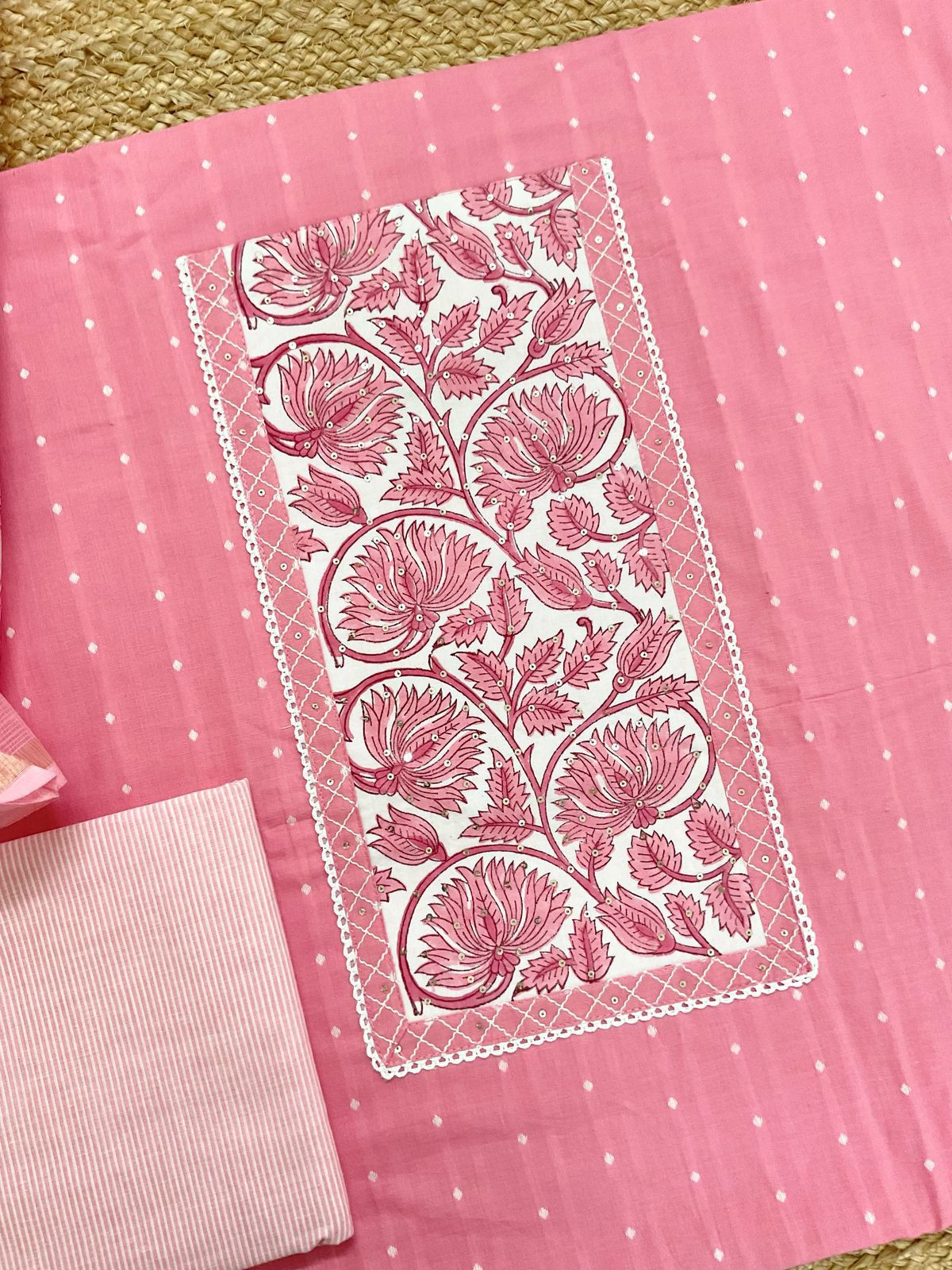 Pure Handloom Cotton Self Weaved Printed Embroidered Suit - Pink