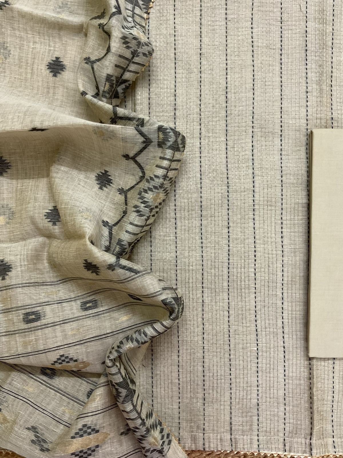 Soft Fine Slub Chanderi Jamdani Weaved Embroidered Suit - Beige