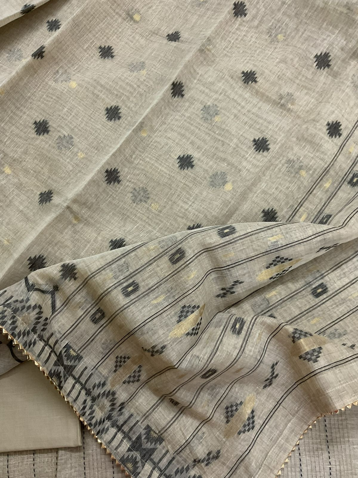 Soft Fine Slub Chanderi Jamdani Weaved Embroidered Suit - Beige