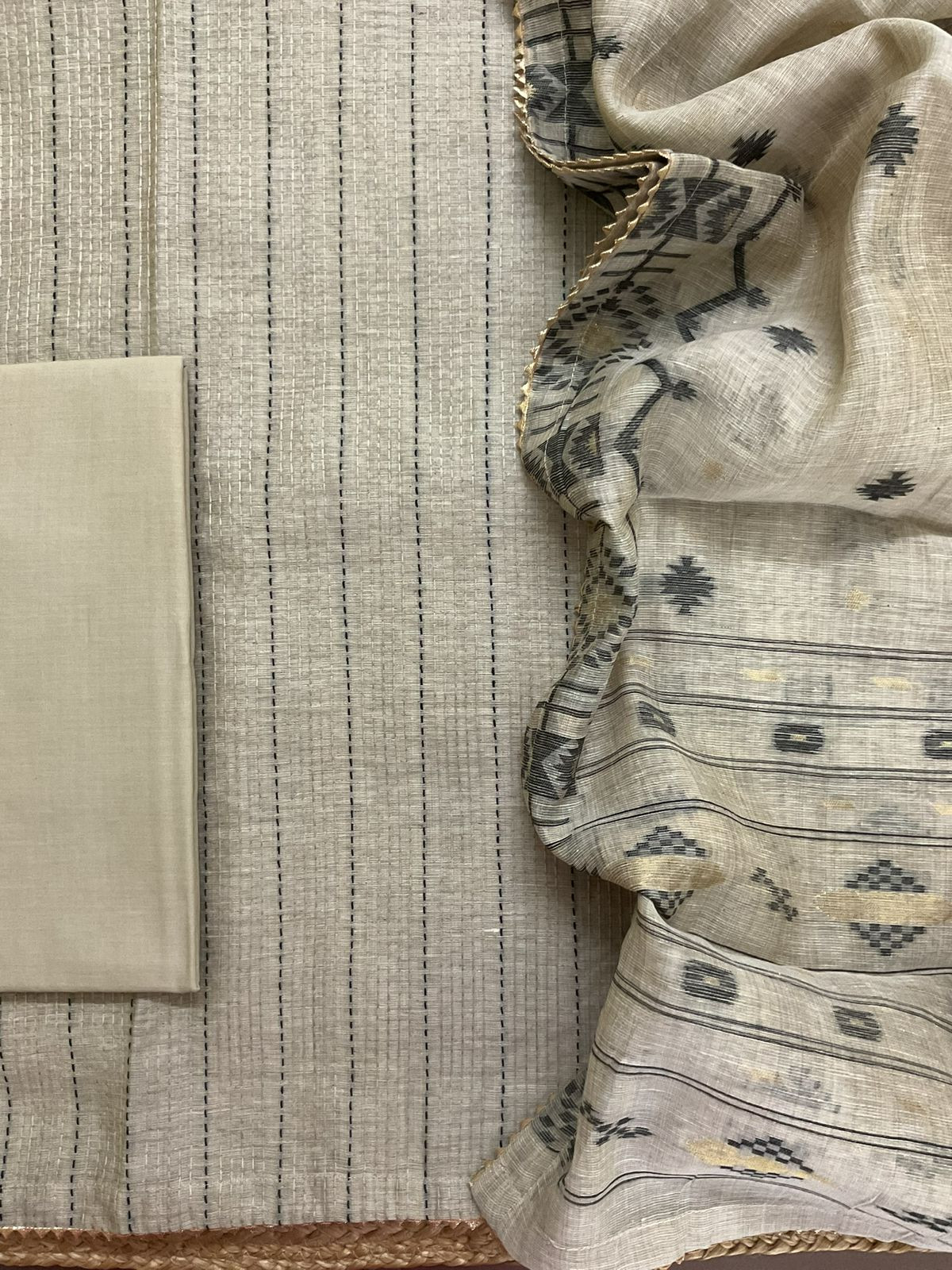 Soft Fine Slub Chanderi Jamdani Weaved Embroidered Suit - Beige