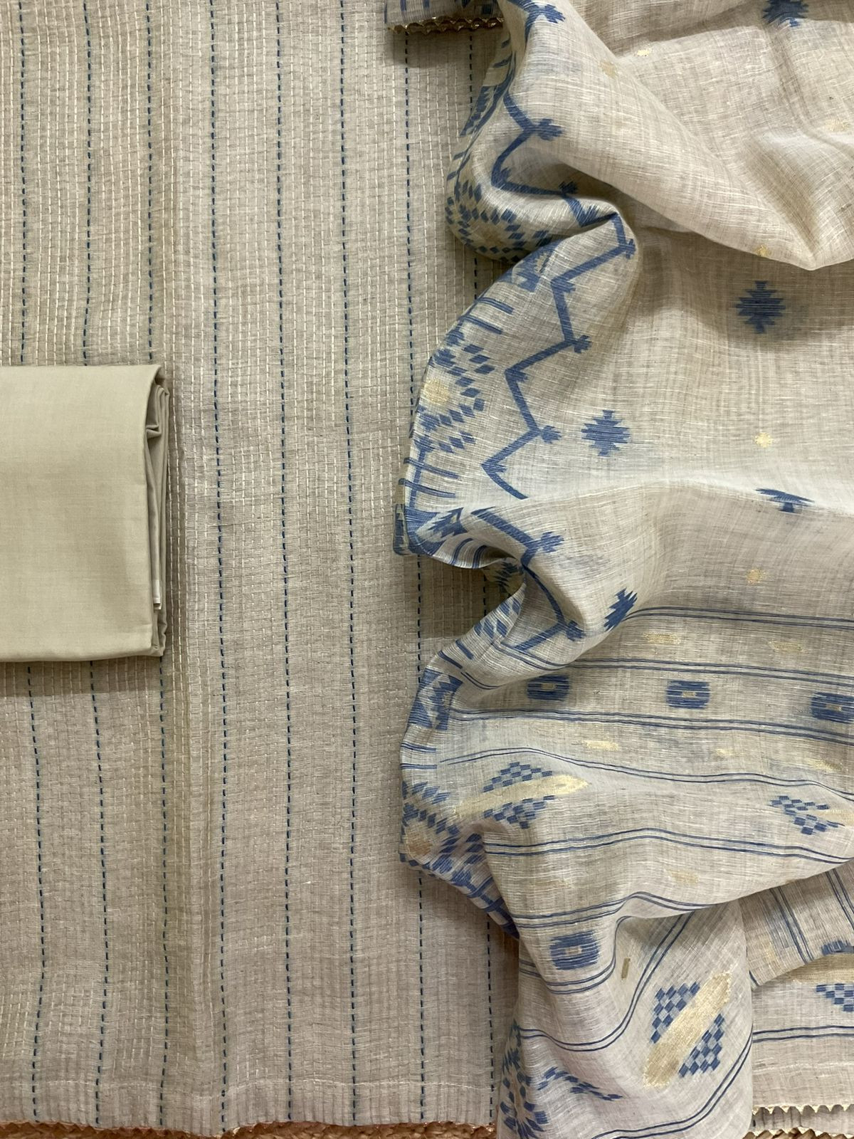 Soft Fine Slub Chanderi Jamdani Weaved Embroidered Suit - Beige