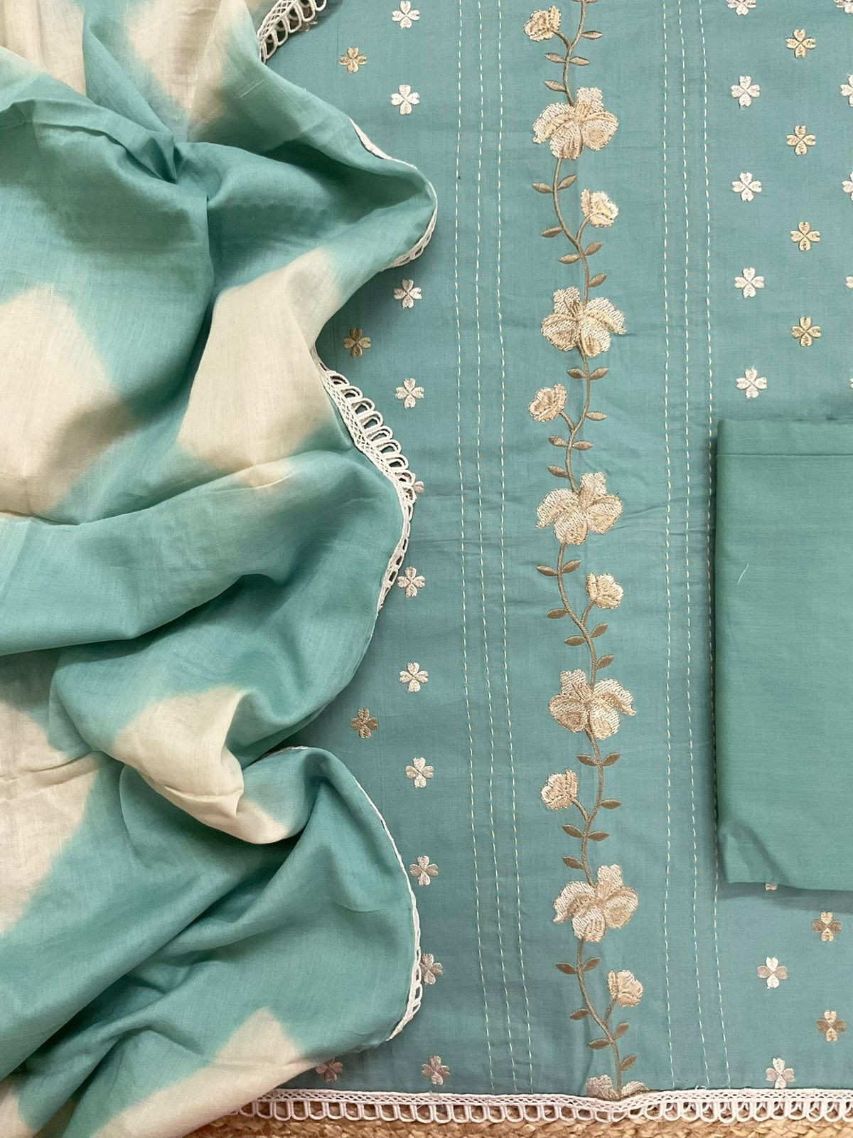 Pure Cotton Printed Embroidered Suit - Blue