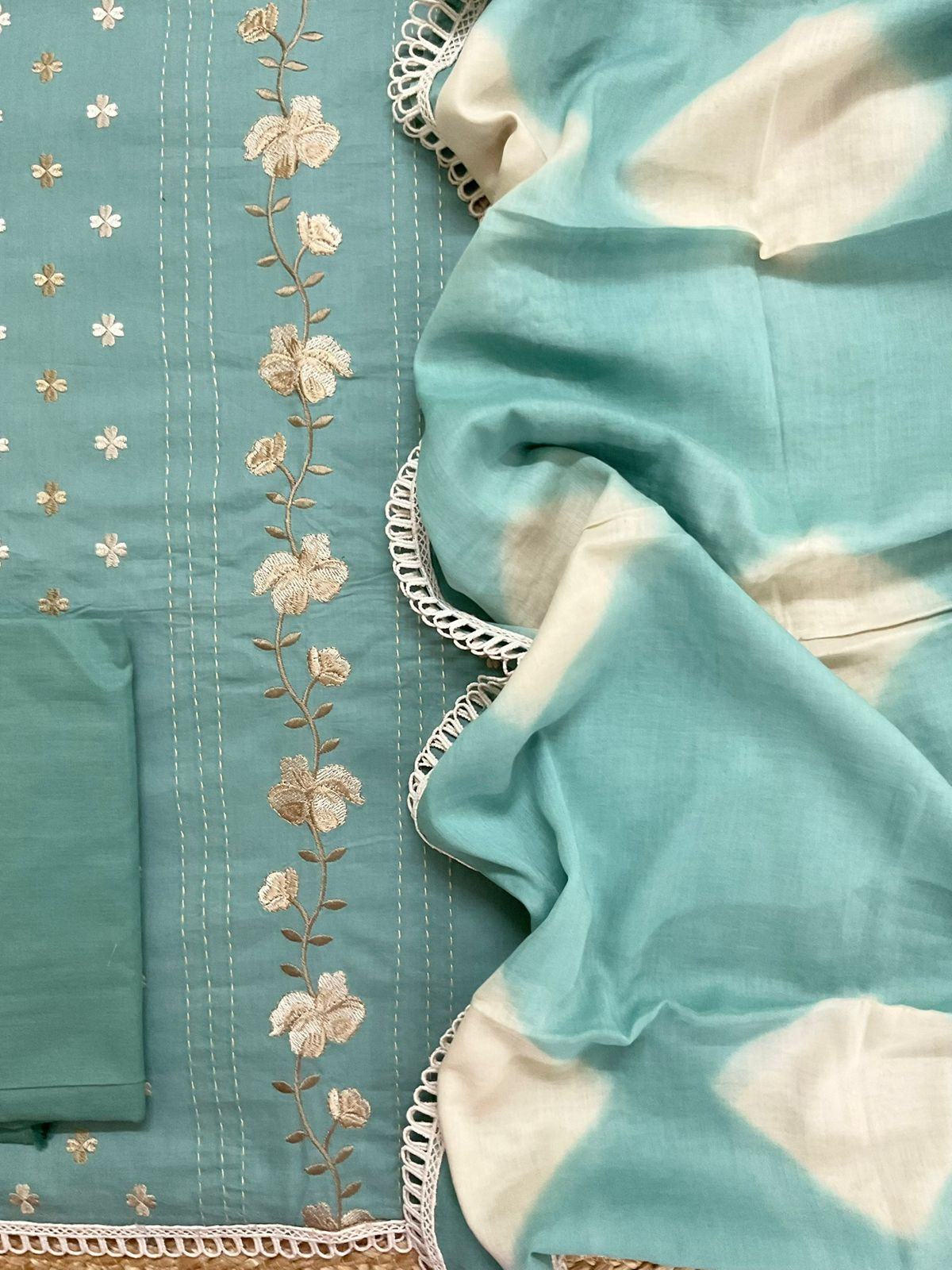 Pure Cotton Printed Embroidered Suit - Blue