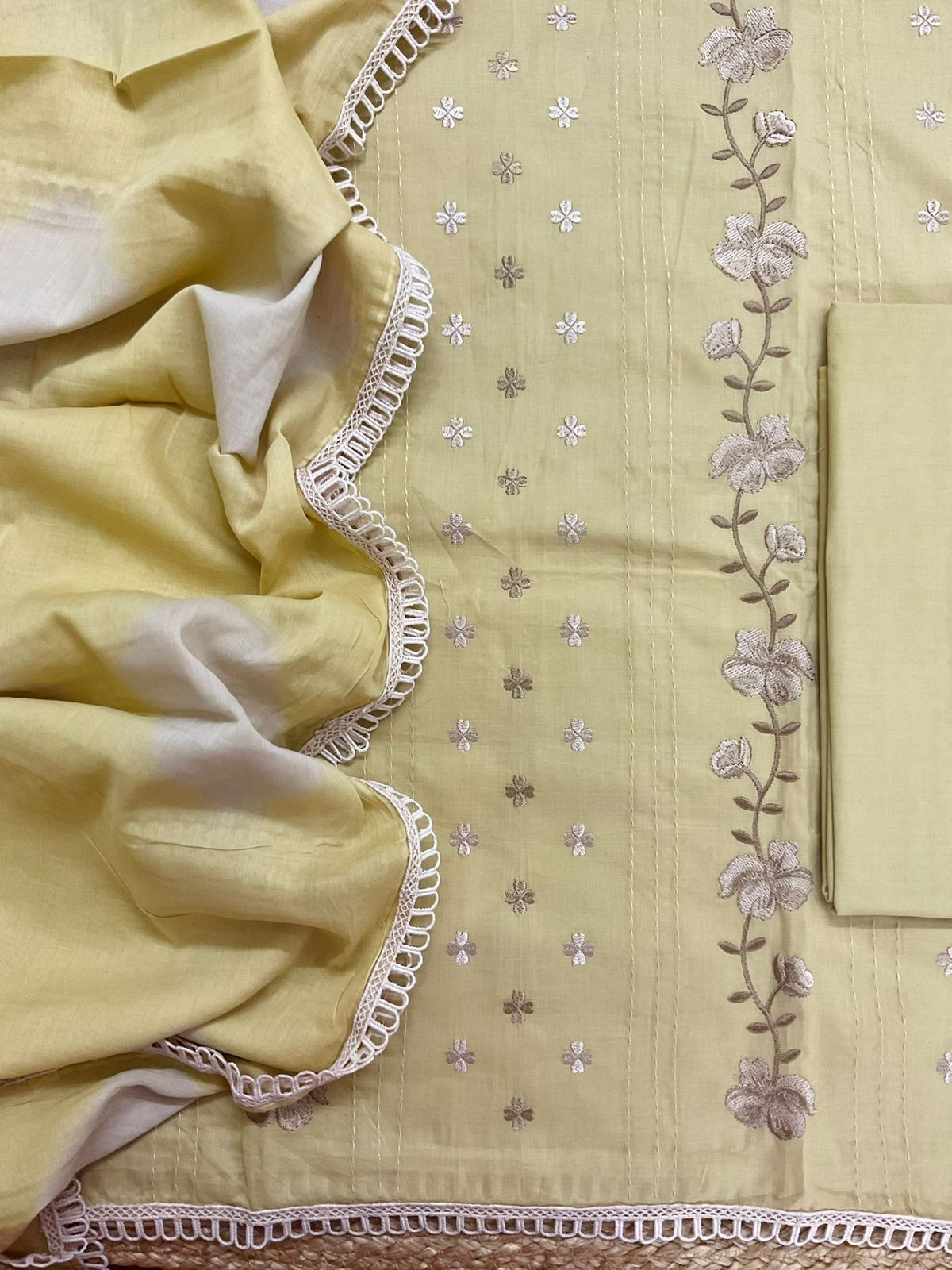 Pure Cotton Printed Embroidered Suit - Beige