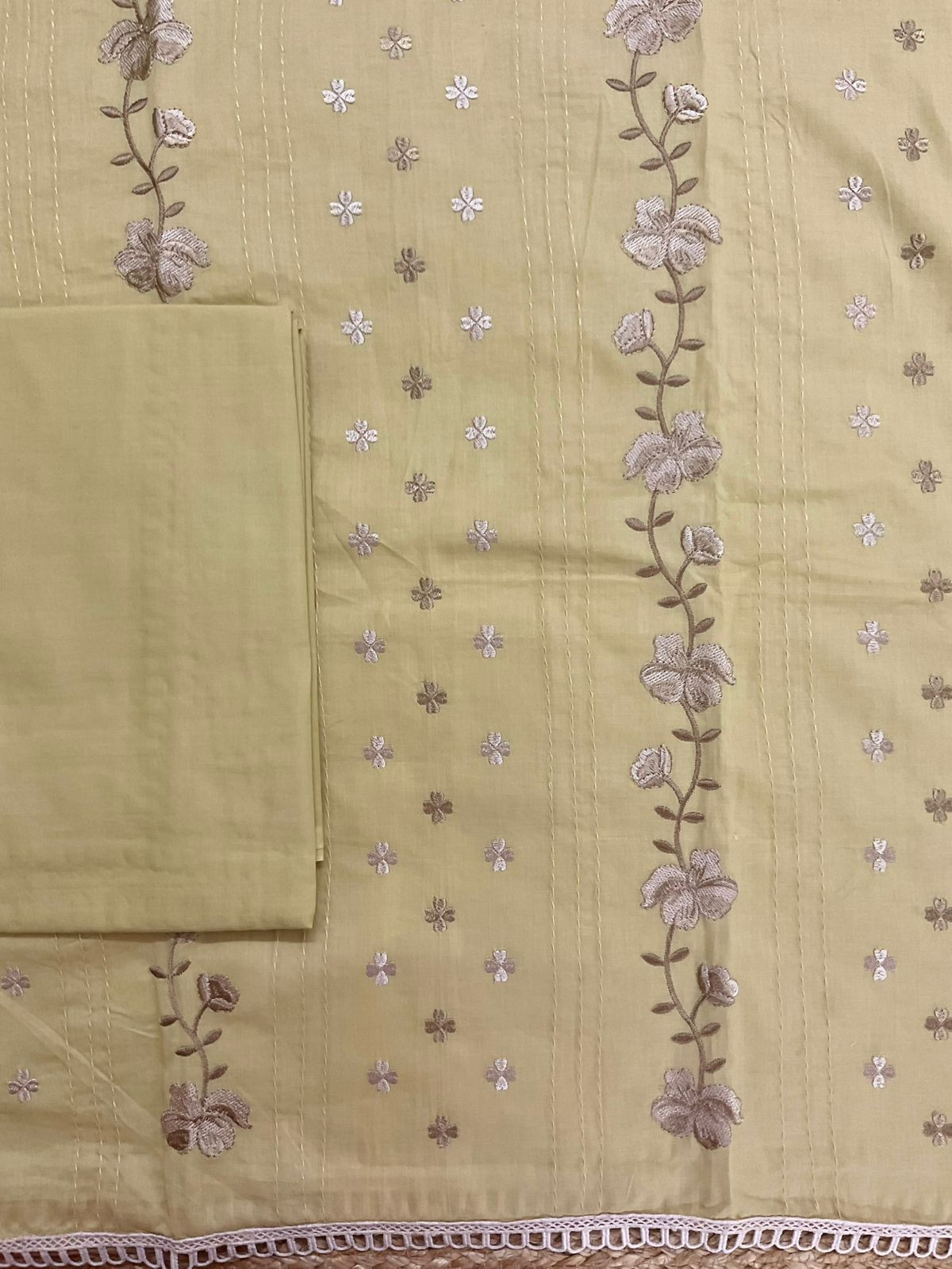 Pure Cotton Printed Embroidered Suit - Beige