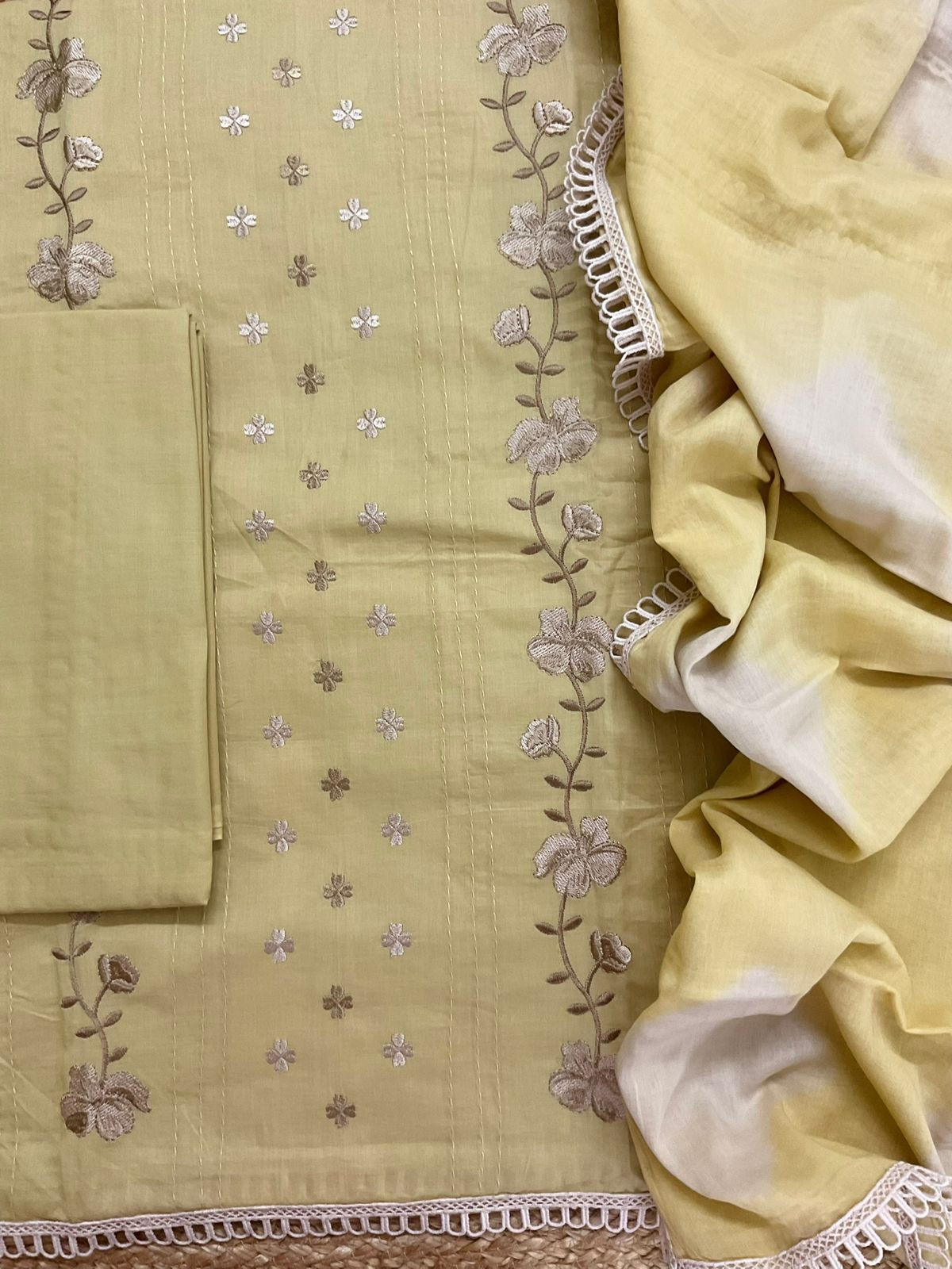 Pure Cotton Printed Embroidered Suit - Beige