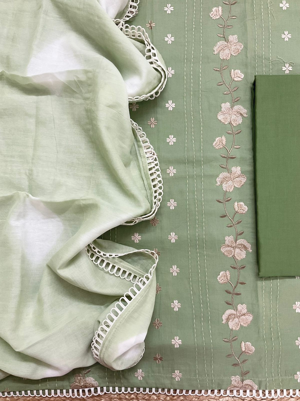 Pure Cotton Printed Embroidered Suit - Green