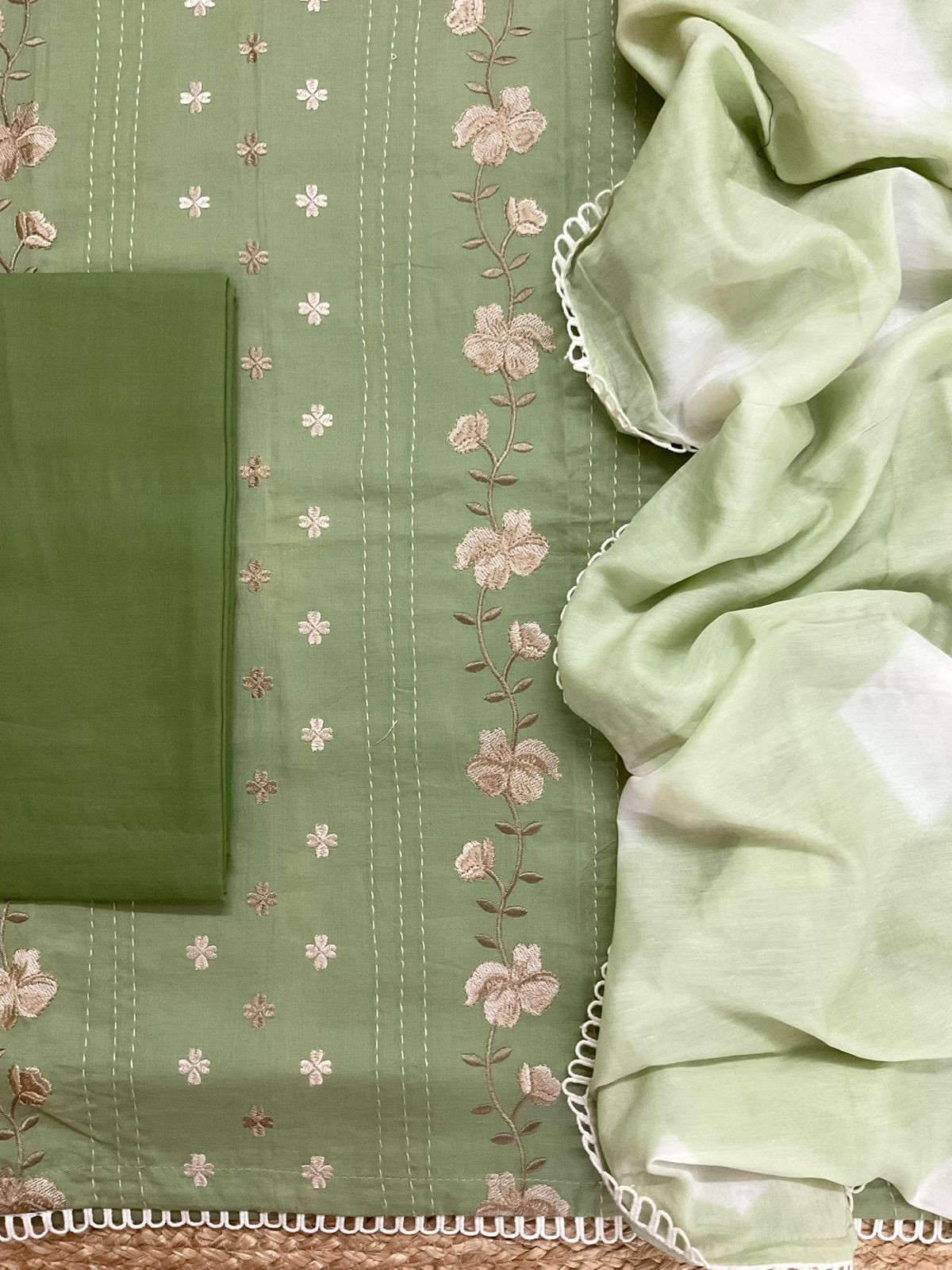 Pure Cotton Printed Embroidered Suit - Green