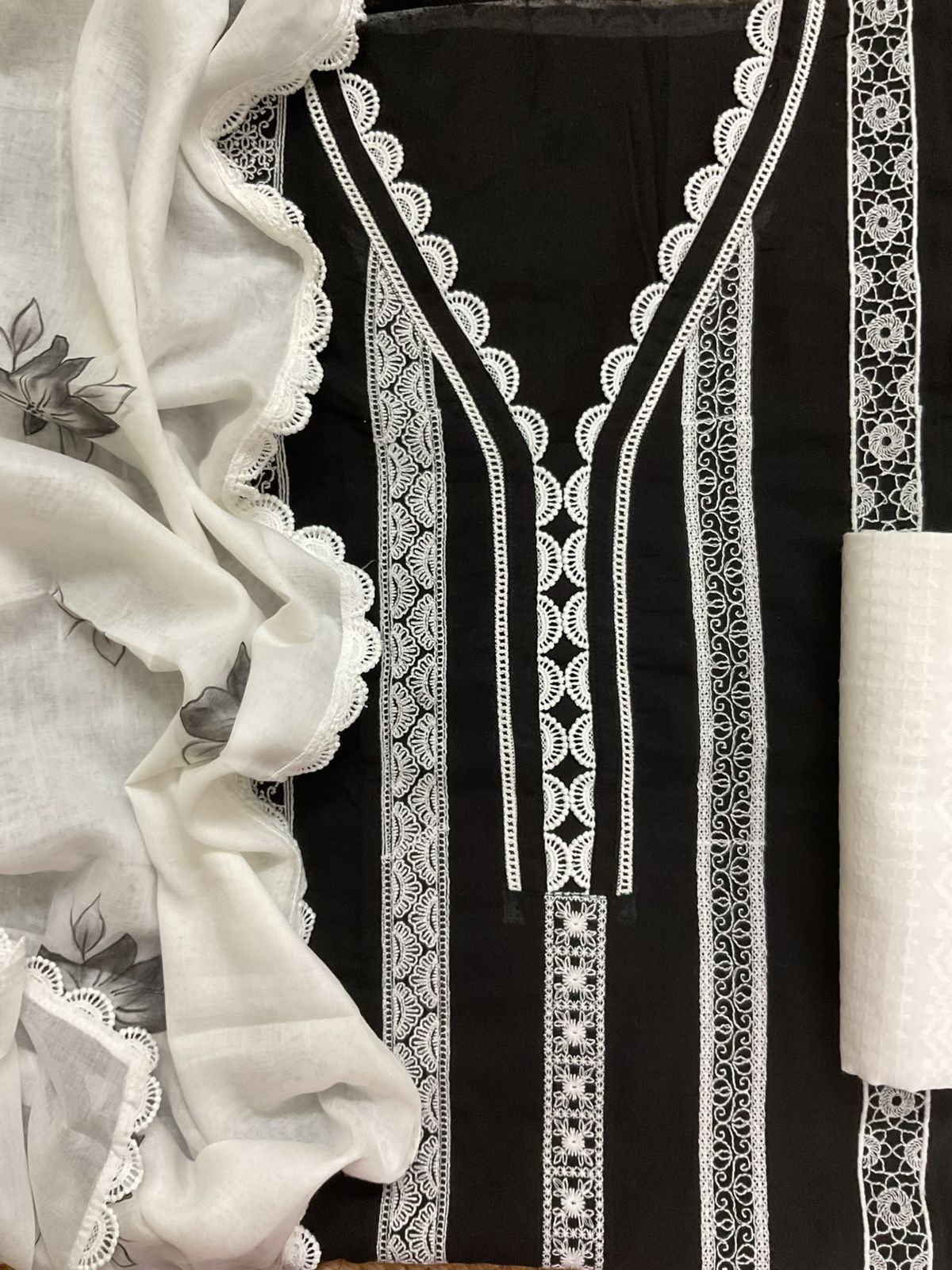 Pure Mul Cotton Brush Painted Embroidered Suit - Black