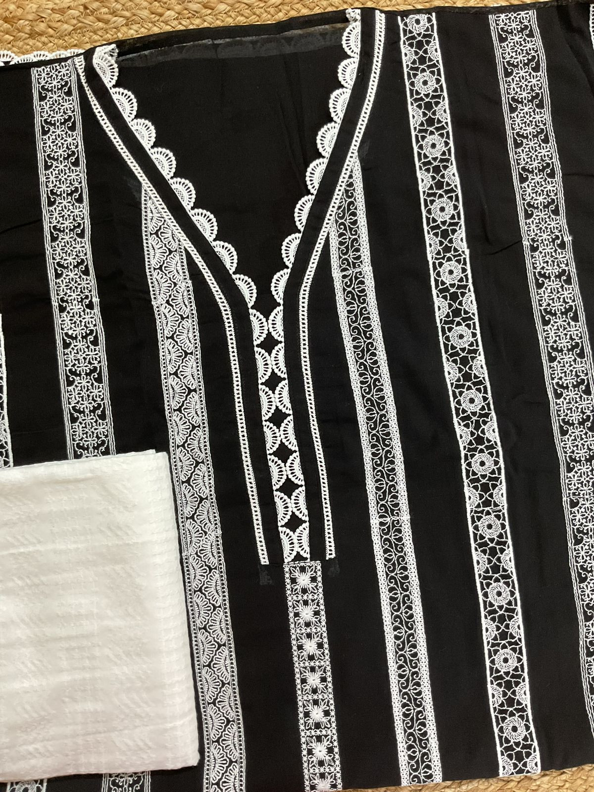 Pure Mul Cotton Brush Painted Embroidered Suit - Black