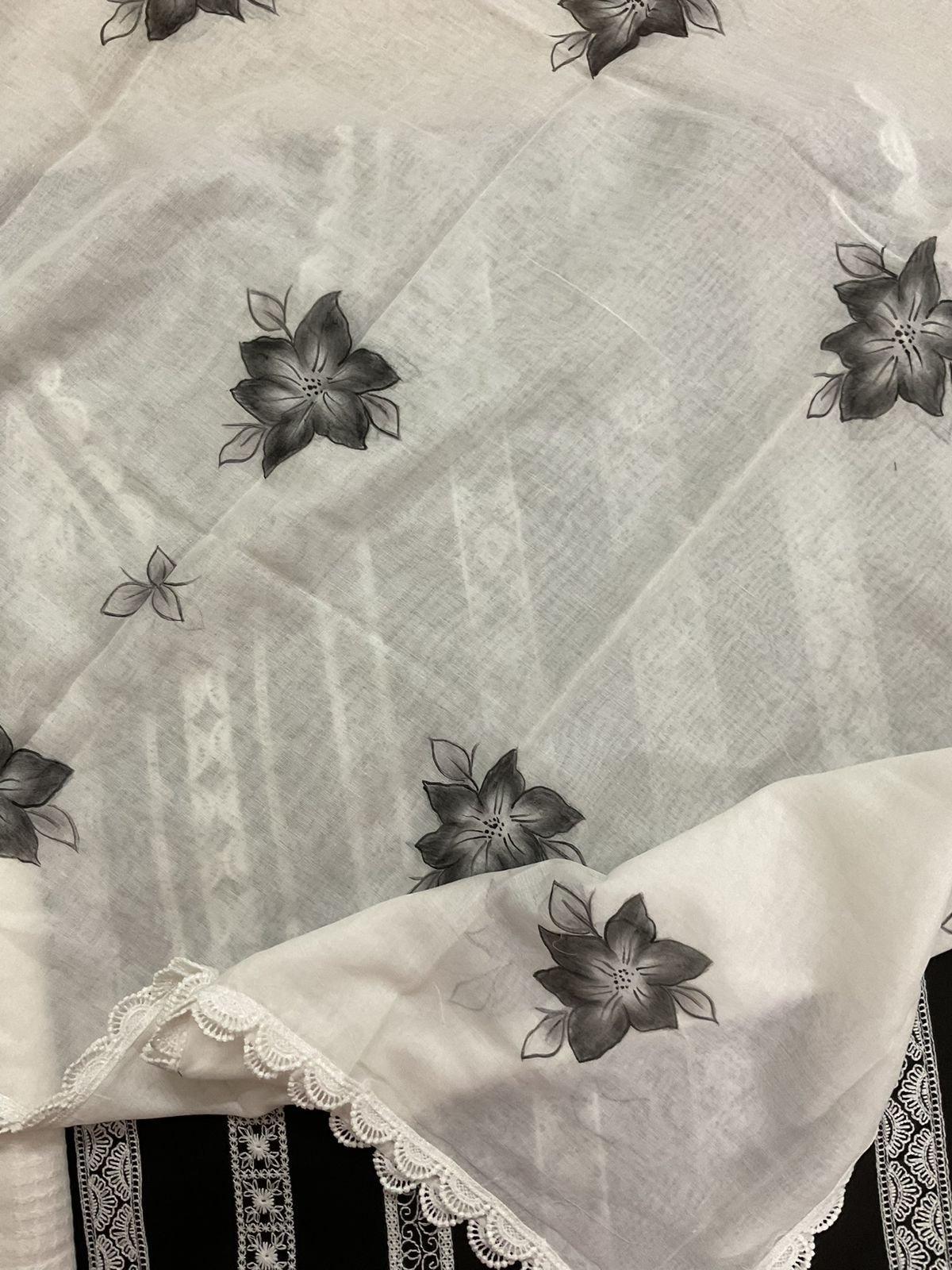 Pure Mul Cotton Brush Painted Embroidered Suit - Black