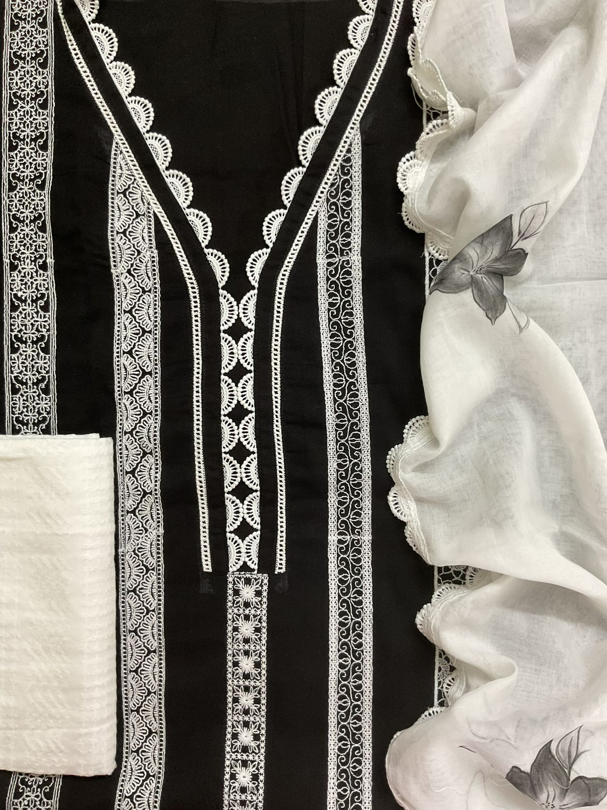 Pure Mul Cotton Brush Painted Embroidered Suit - Black