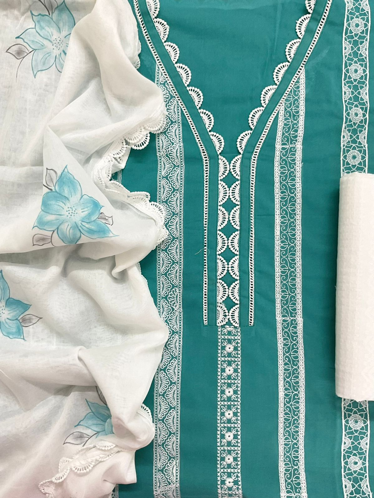 Pure Mul Cotton Brush Painted Embroidered Suit - Blue