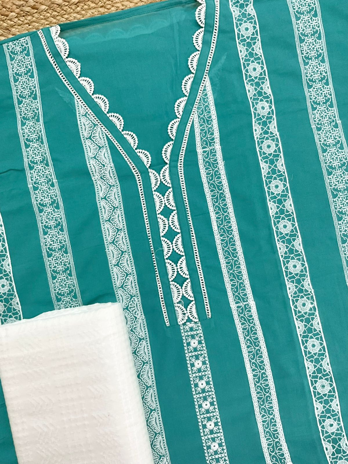 Pure Mul Cotton Brush Painted Embroidered Suit - Blue