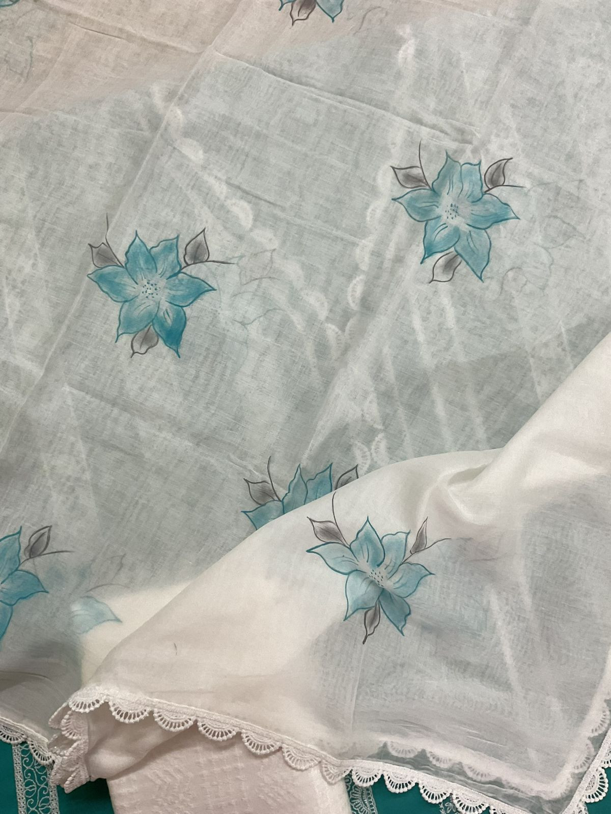 Pure Mul Cotton Brush Painted Embroidered Suit - Blue