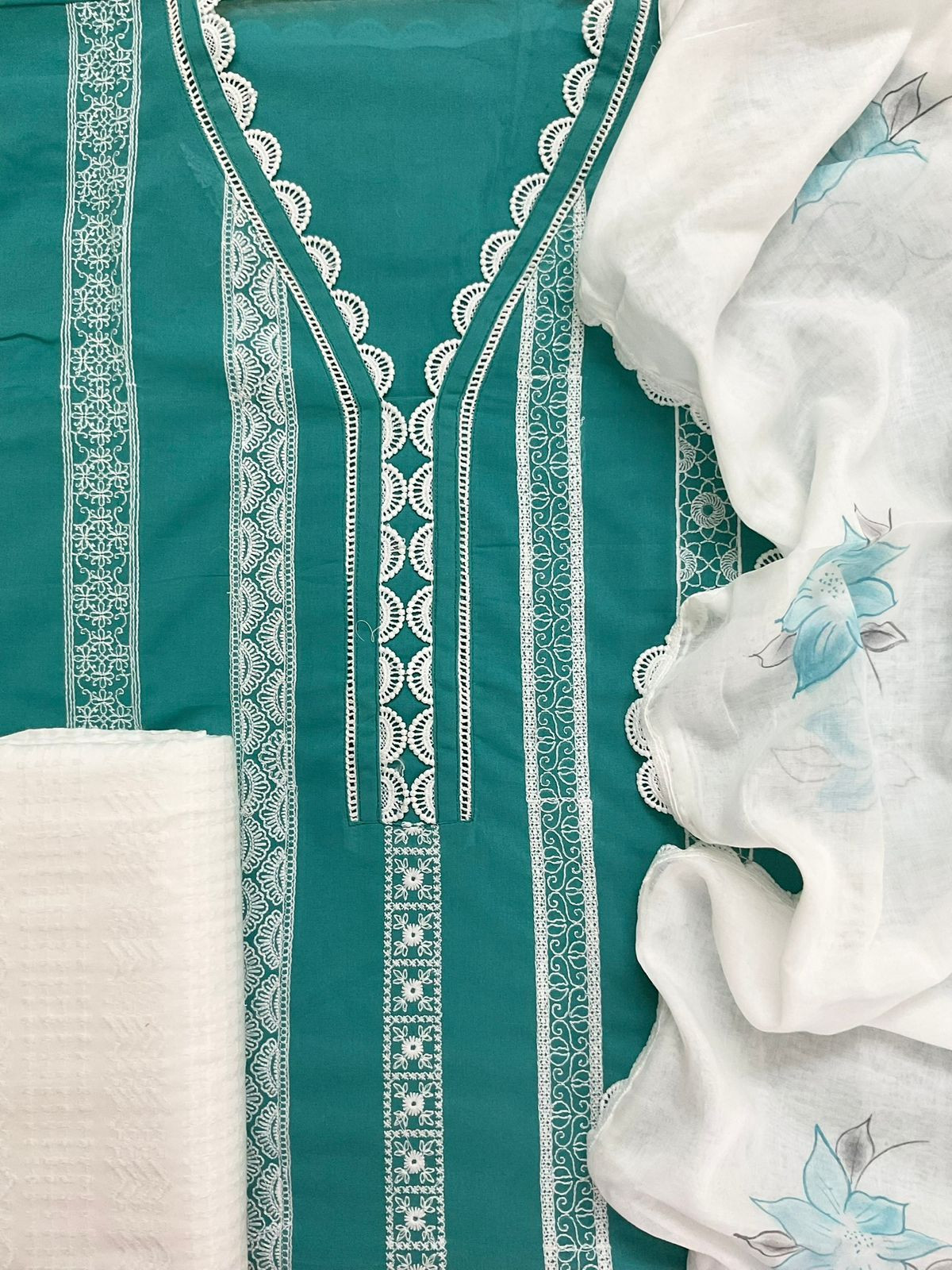 Pure Mul Cotton Brush Painted Embroidered Suit - Blue