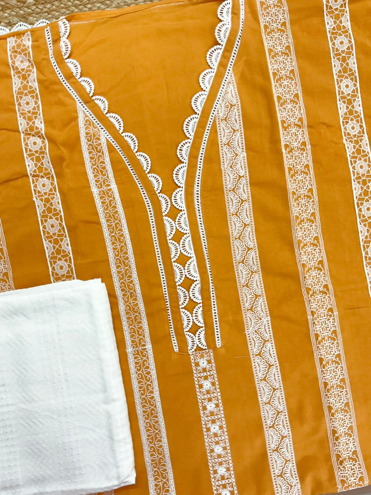 Pure Mul Cotton Brush Painted Embroidered Suit - Yellow