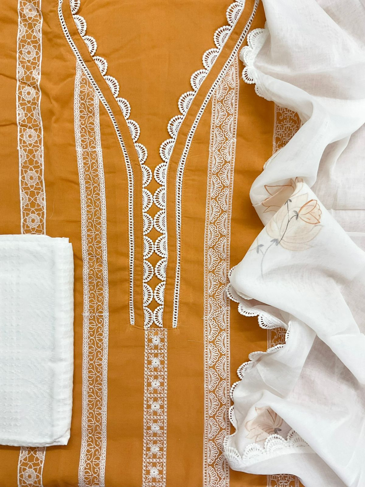 Pure Mul Cotton Brush Painted Embroidered Suit - Yellow