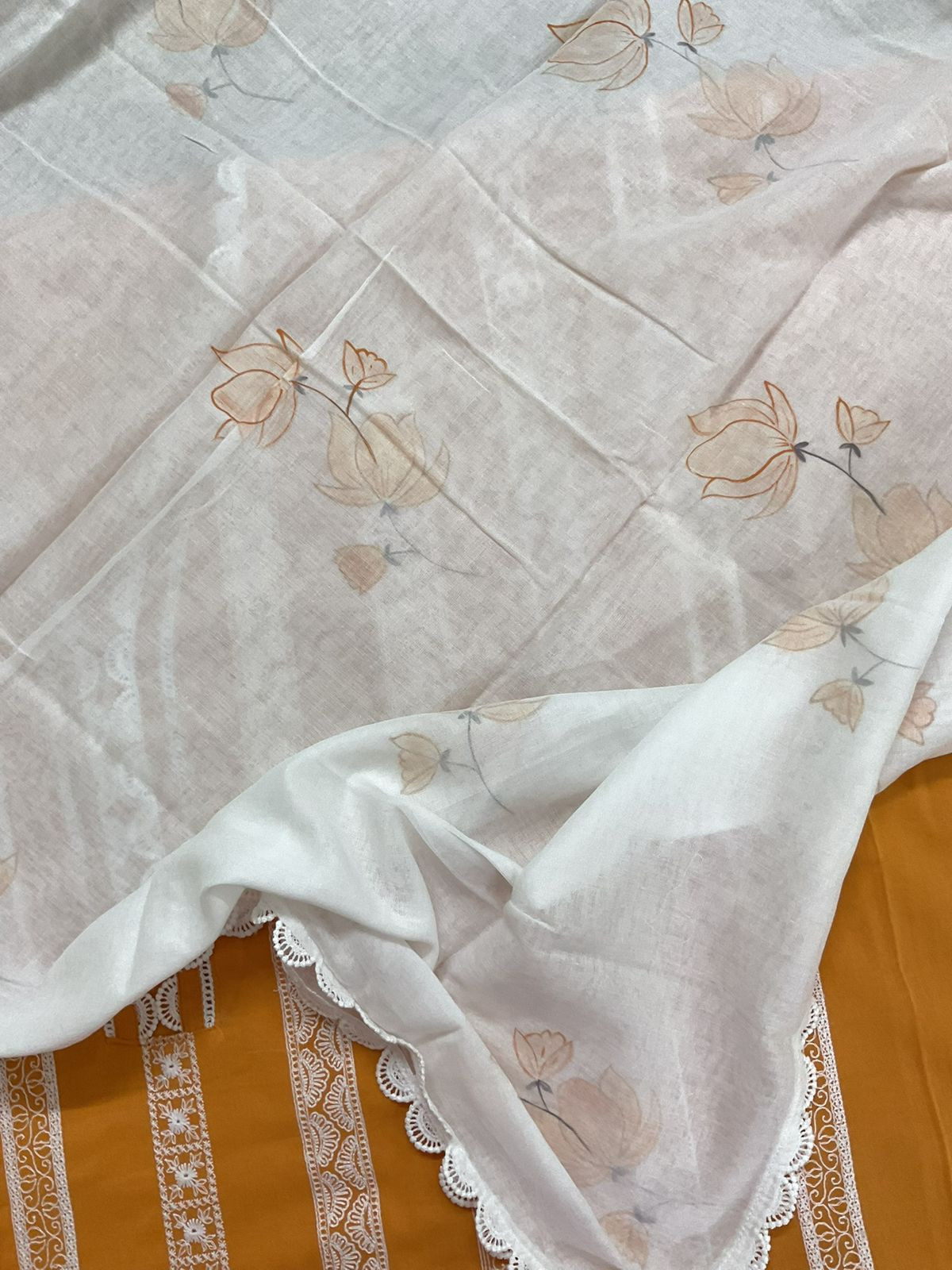 Pure Mul Cotton Brush Painted Embroidered Suit - Yellow