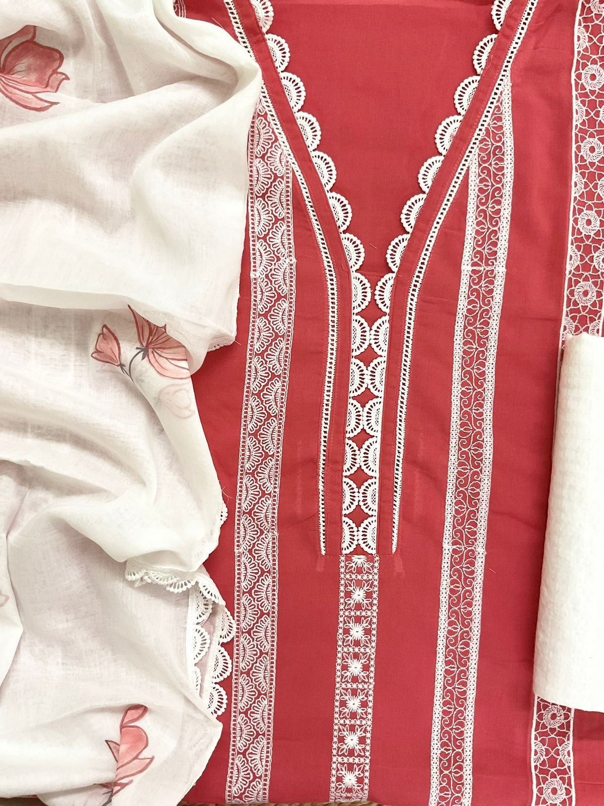 Pure Mul Cotton Brush Painted Embroidered Suit - Red