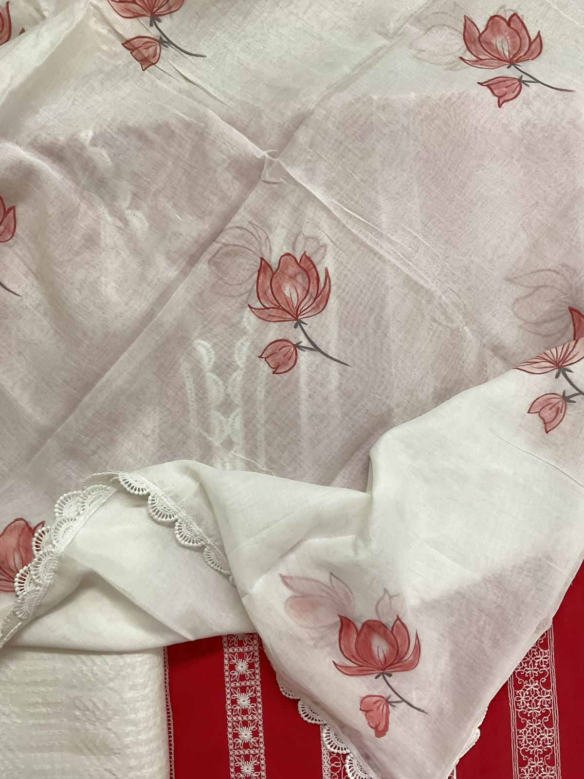 Pure Mul Cotton Brush Painted Embroidered Suit - Red