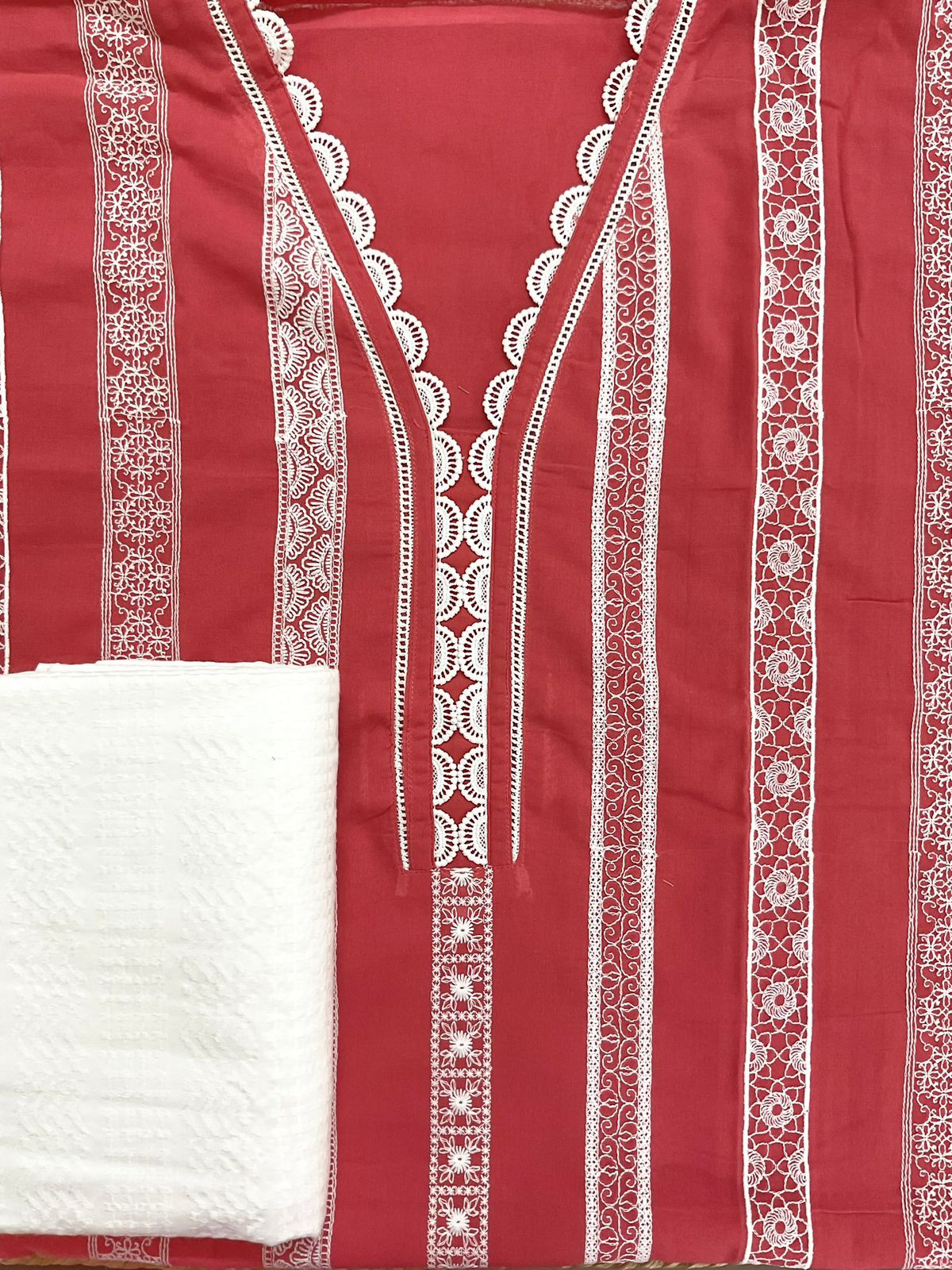 Pure Mul Cotton Brush Painted Embroidered Suit - Red