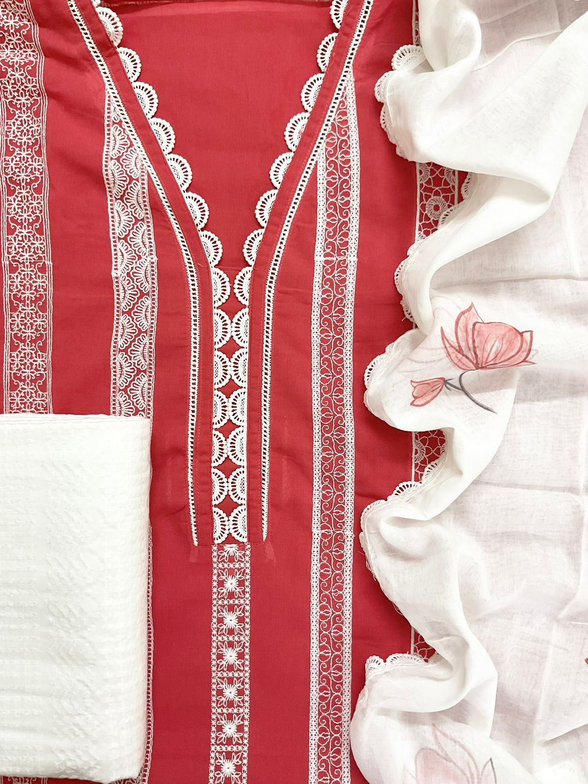 Pure Mul Cotton Brush Painted Embroidered Suit - Red