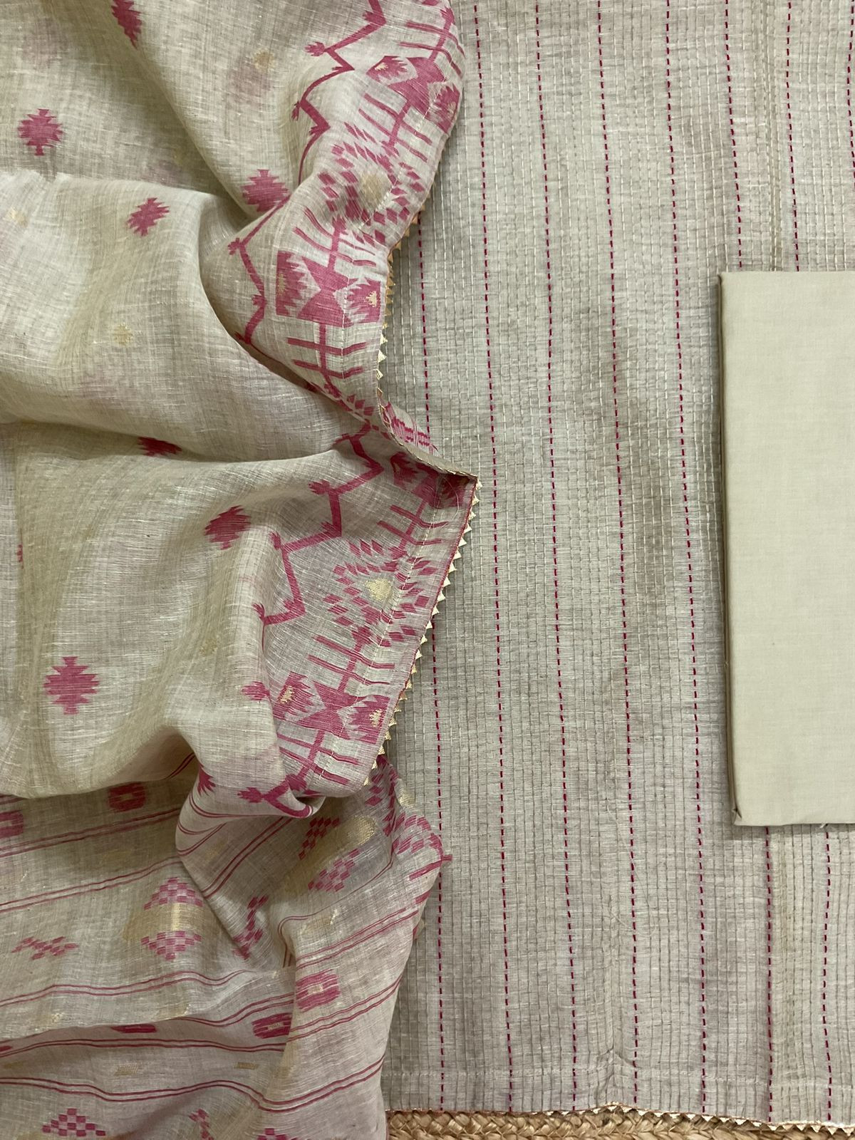 Soft Fine Slub Chanderi Jamdani Weaved Embroidered Suit - Beige