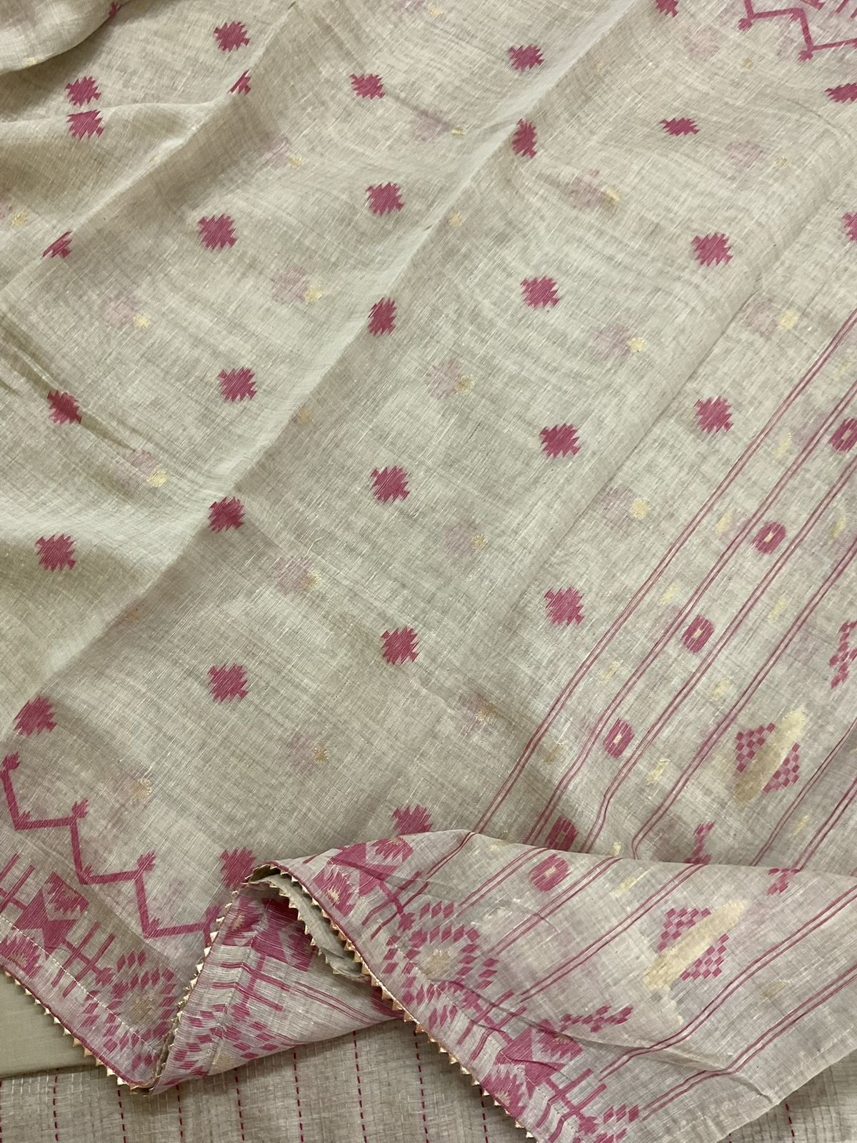 Soft Fine Slub Chanderi Jamdani Weaved Embroidered Suit - Beige