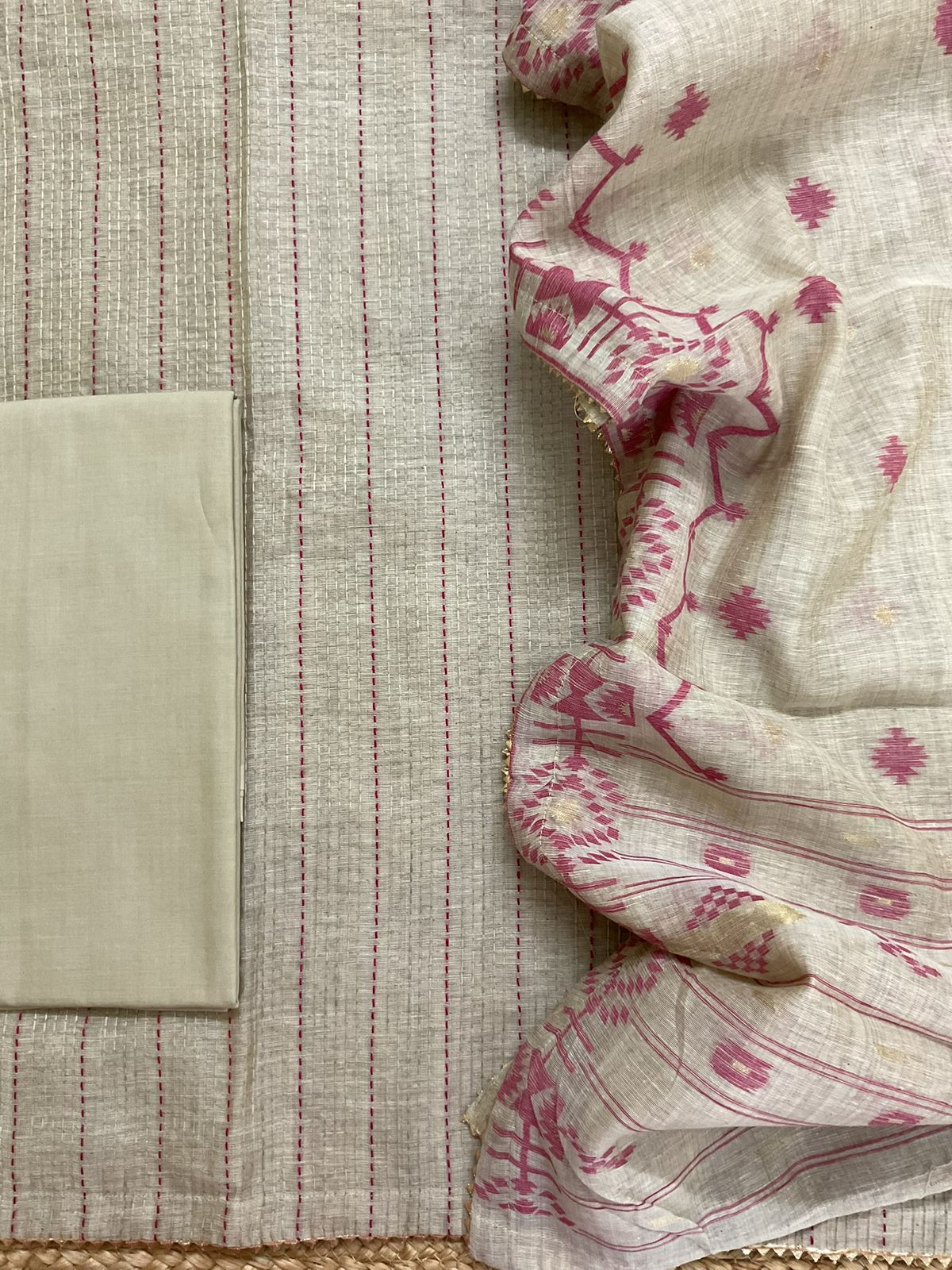 Soft Fine Slub Chanderi Jamdani Weaved Embroidered Suit - Beige