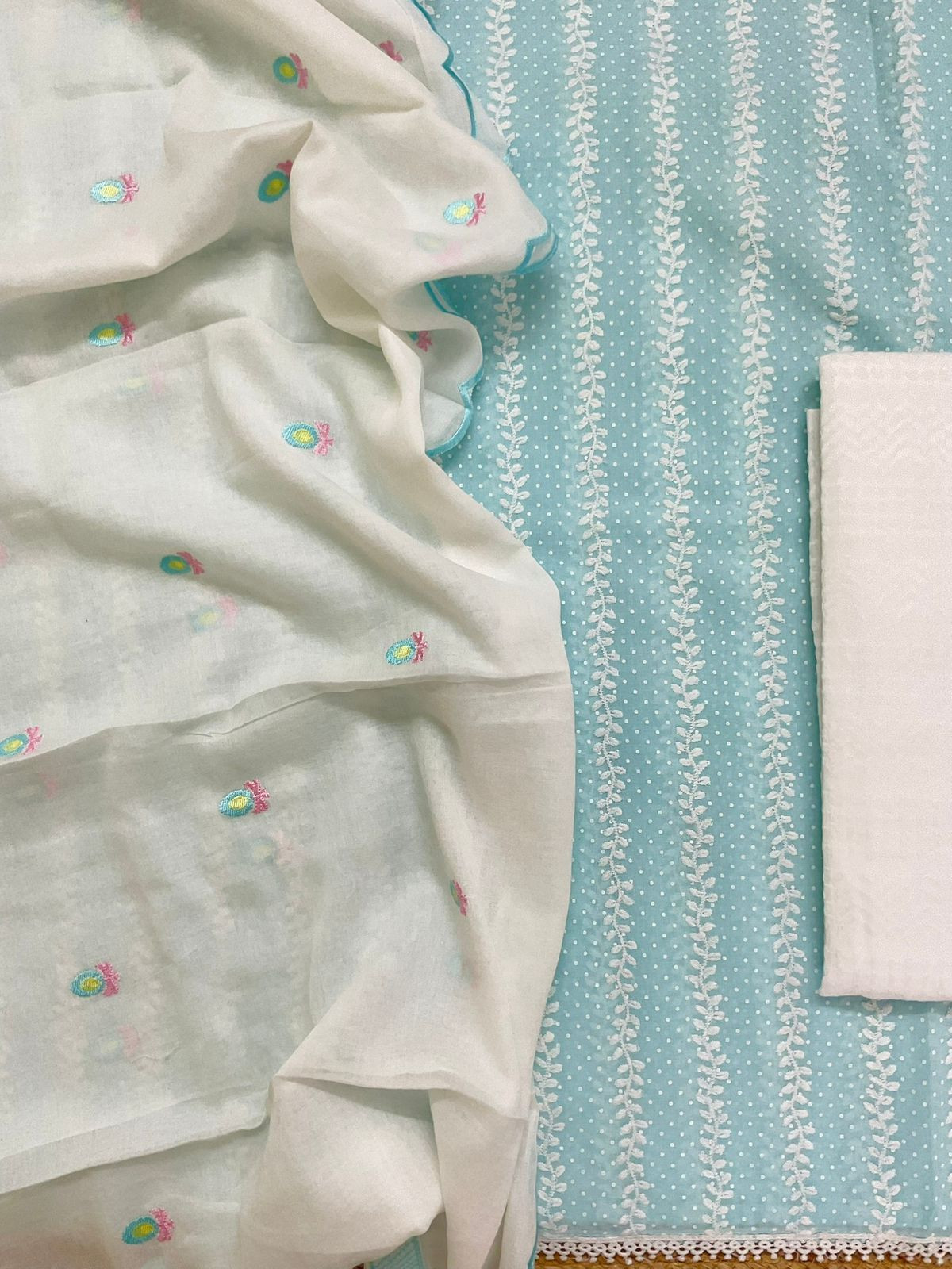 Pure Mul Cotton Printed Embroidered Suit - Blue