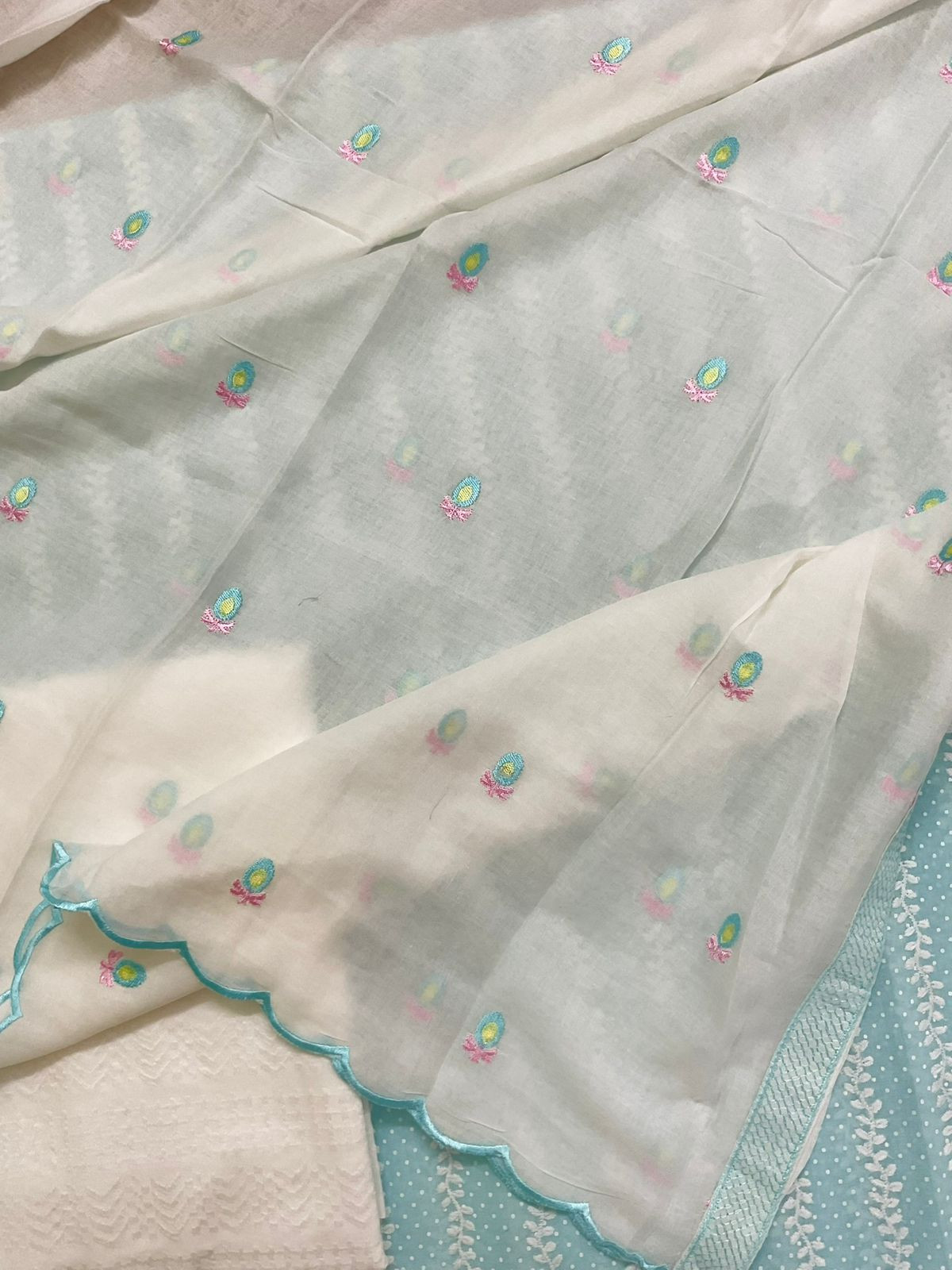 Pure Mul Cotton Printed Embroidered Suit - Blue