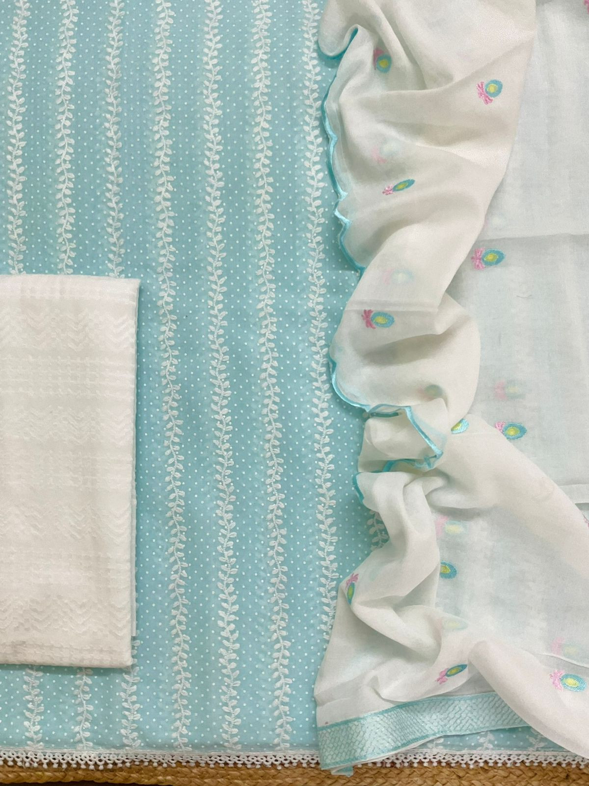 Pure Mul Cotton Printed Embroidered Suit - Blue