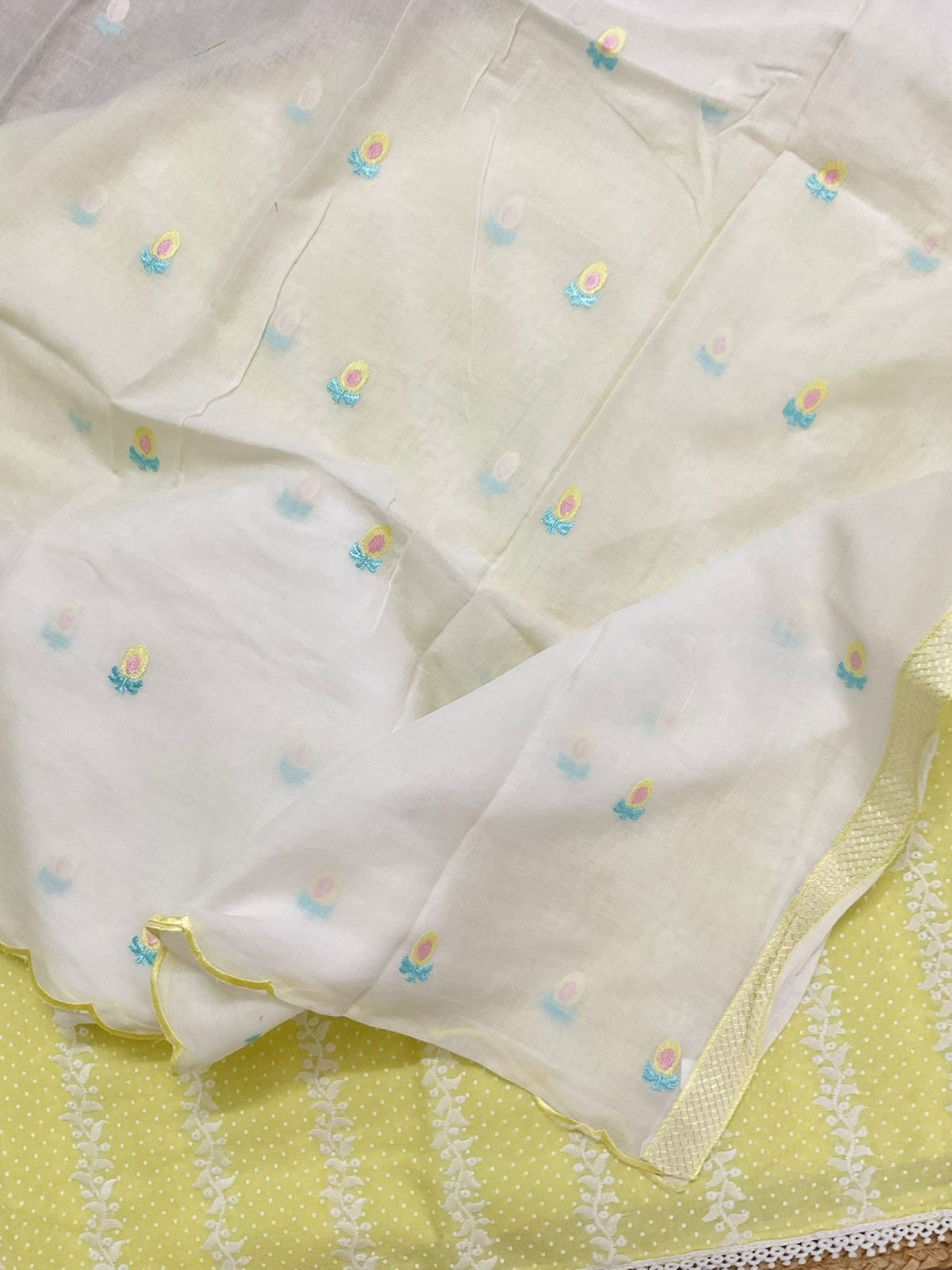 Pure Mul Cotton Printed Embroidered Suit - Yellow