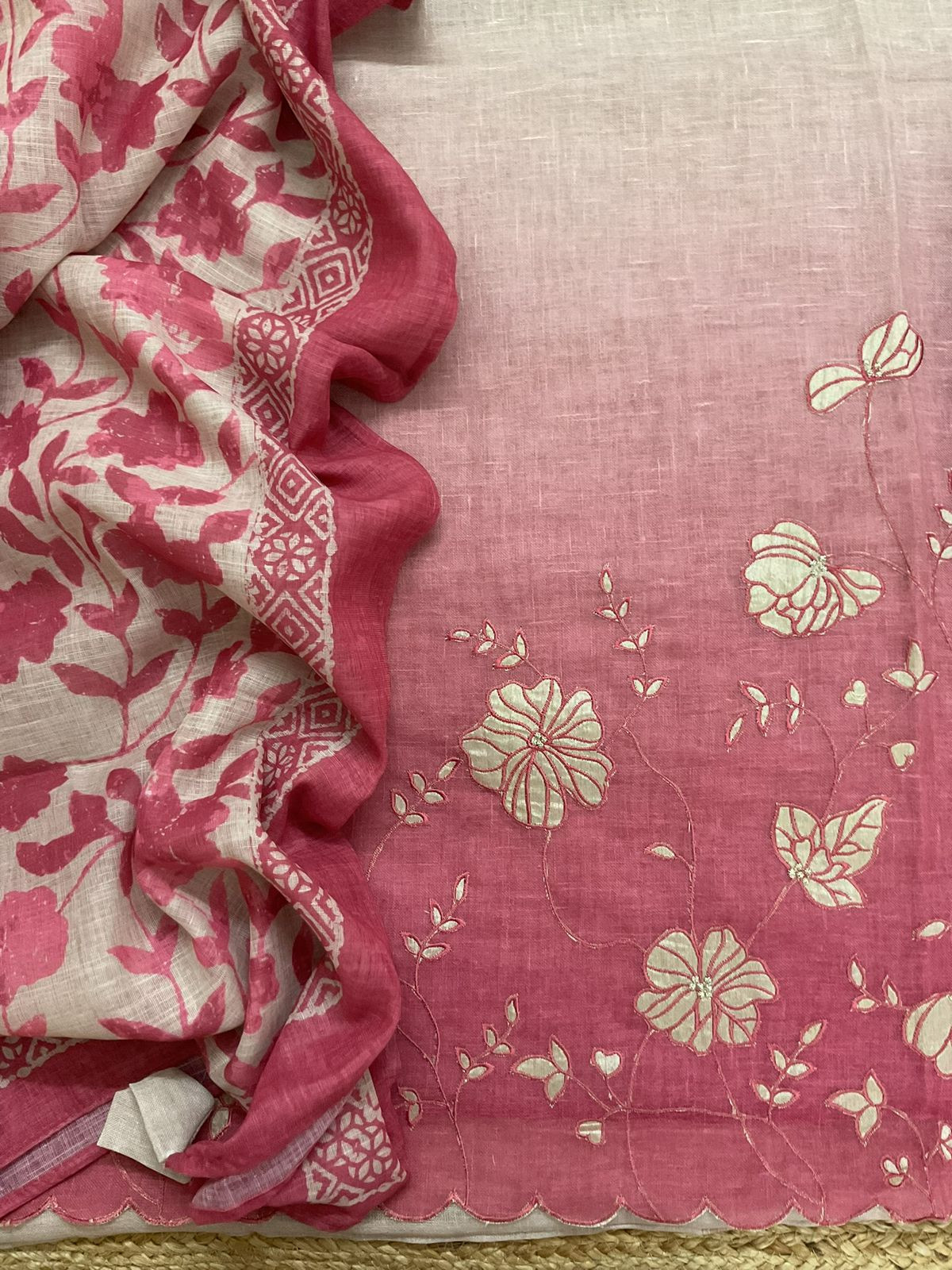 Soft Linen Jute Cotton Shaded Embroidered Suit - Pink