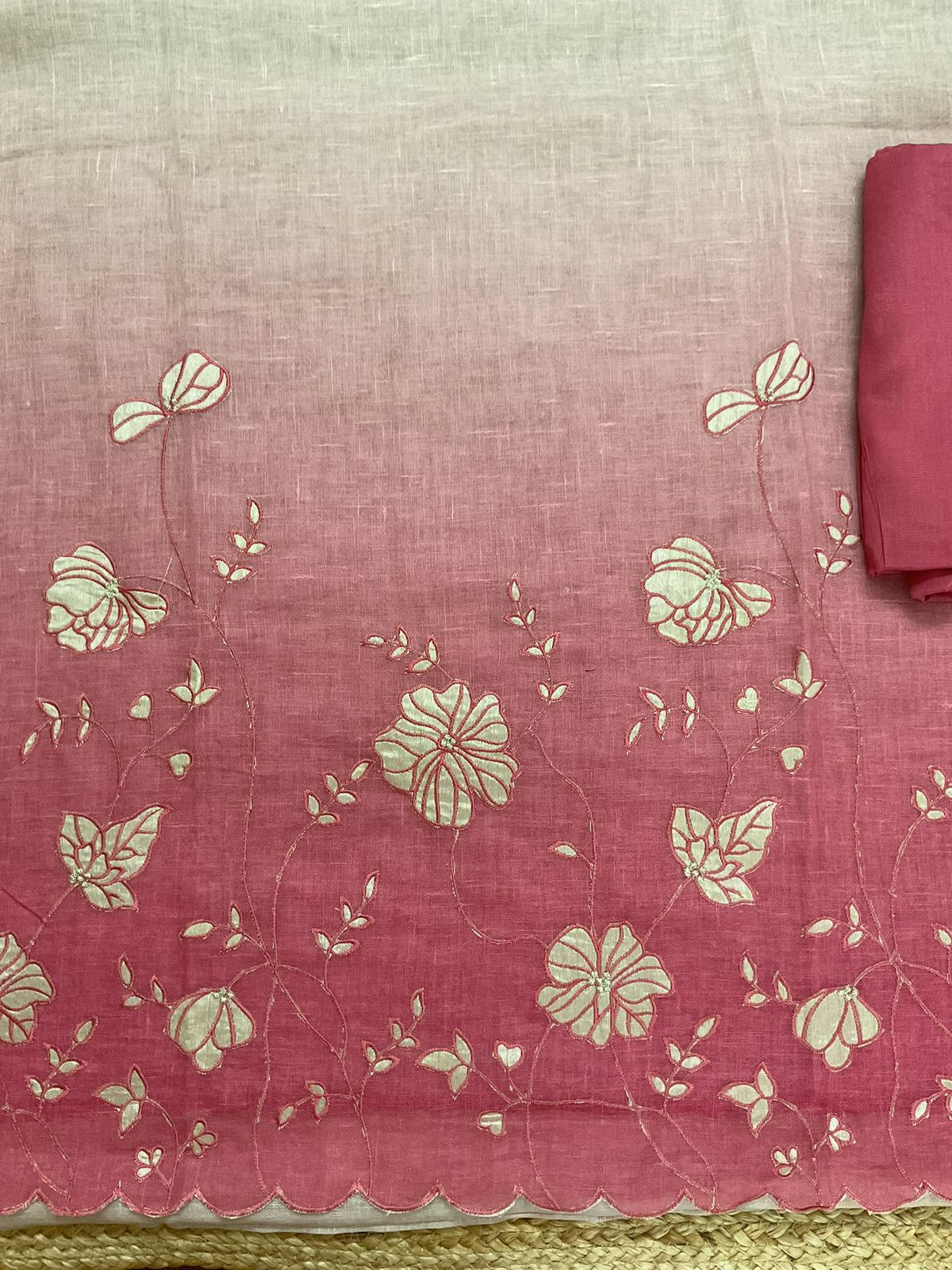 Soft Linen Jute Cotton Shaded Embroidered Suit - Pink