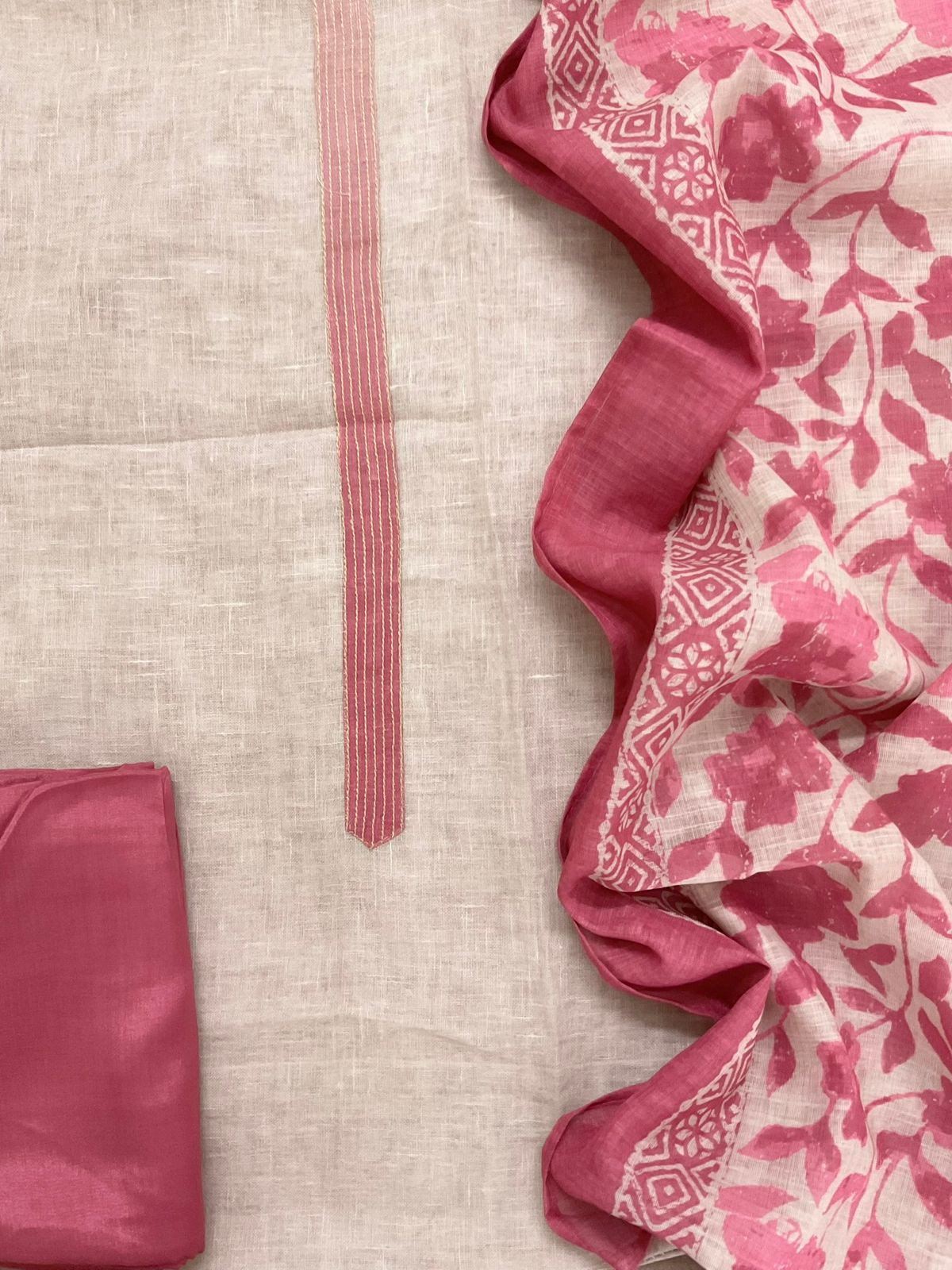 Soft Linen Jute Cotton Shaded Embroidered Suit - Pink