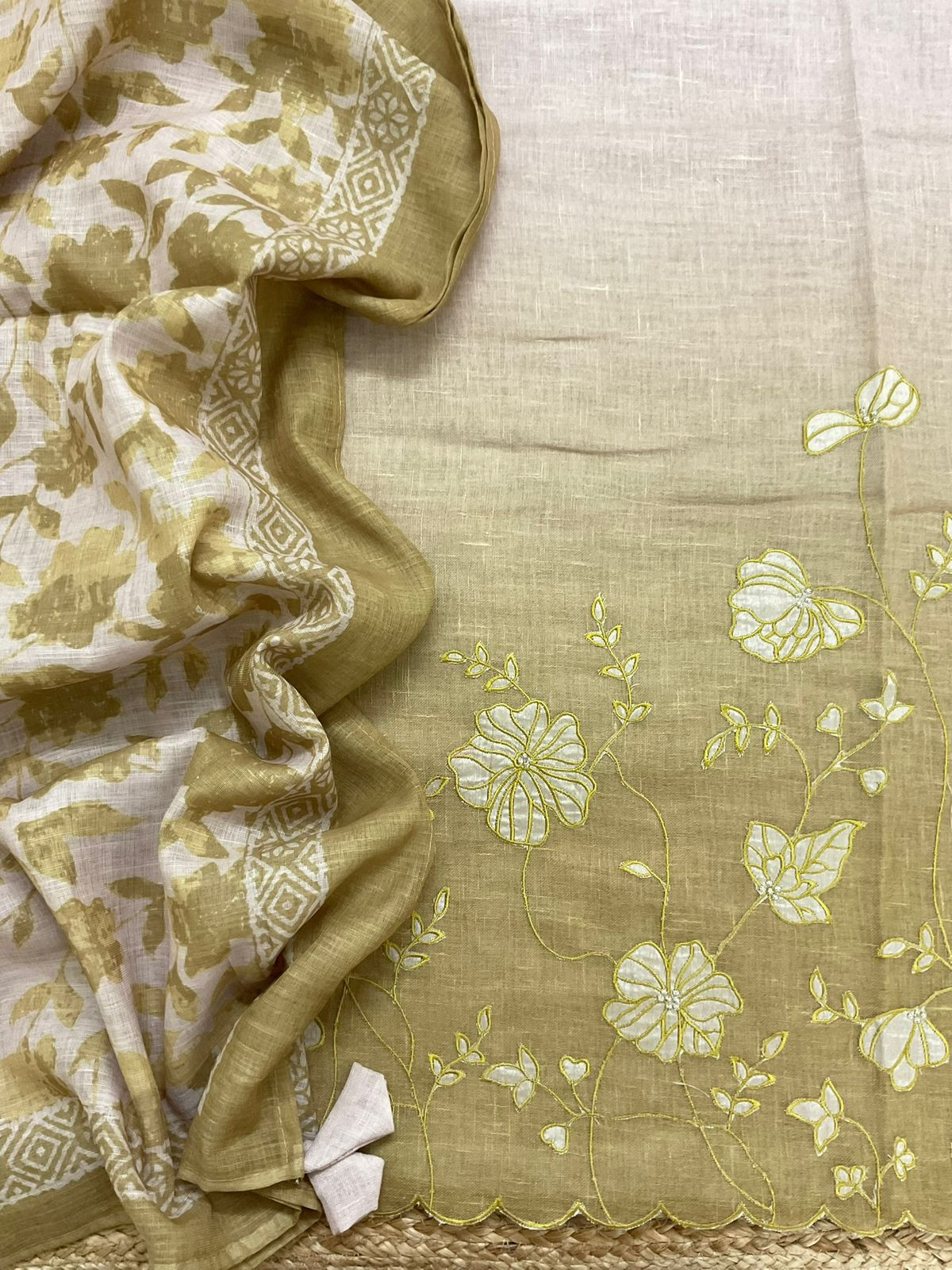 Soft Linen Jute Cotton Shaded Embroidered Suit - Mustard Yellow