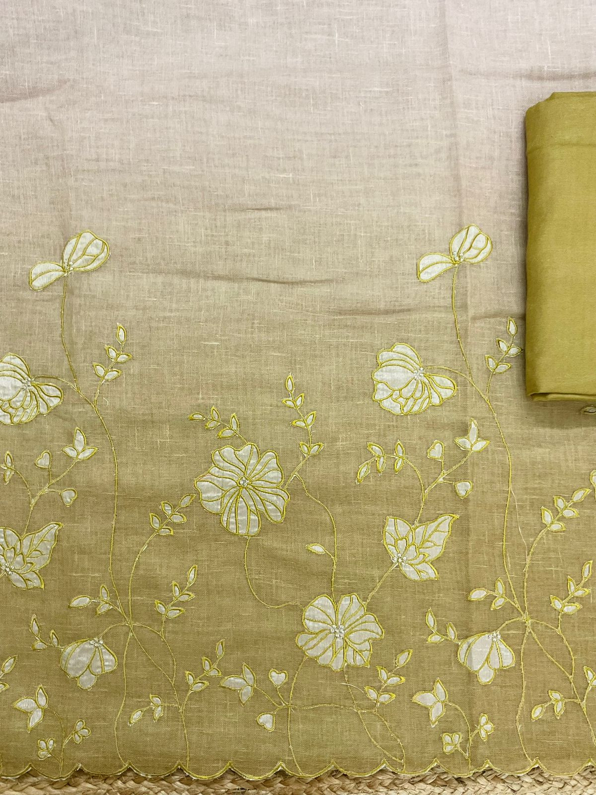 Soft Linen Jute Cotton Shaded Embroidered Suit - Mustard Yellow