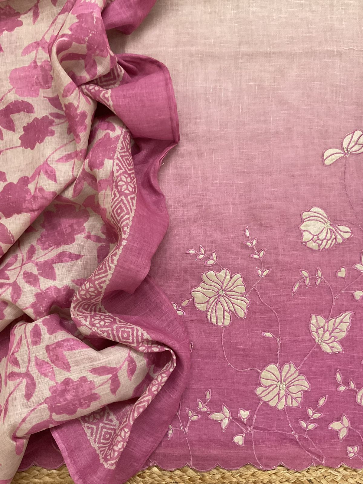Soft Linen Jute Cotton Shaded Embroidered Suit - Purplish Pink