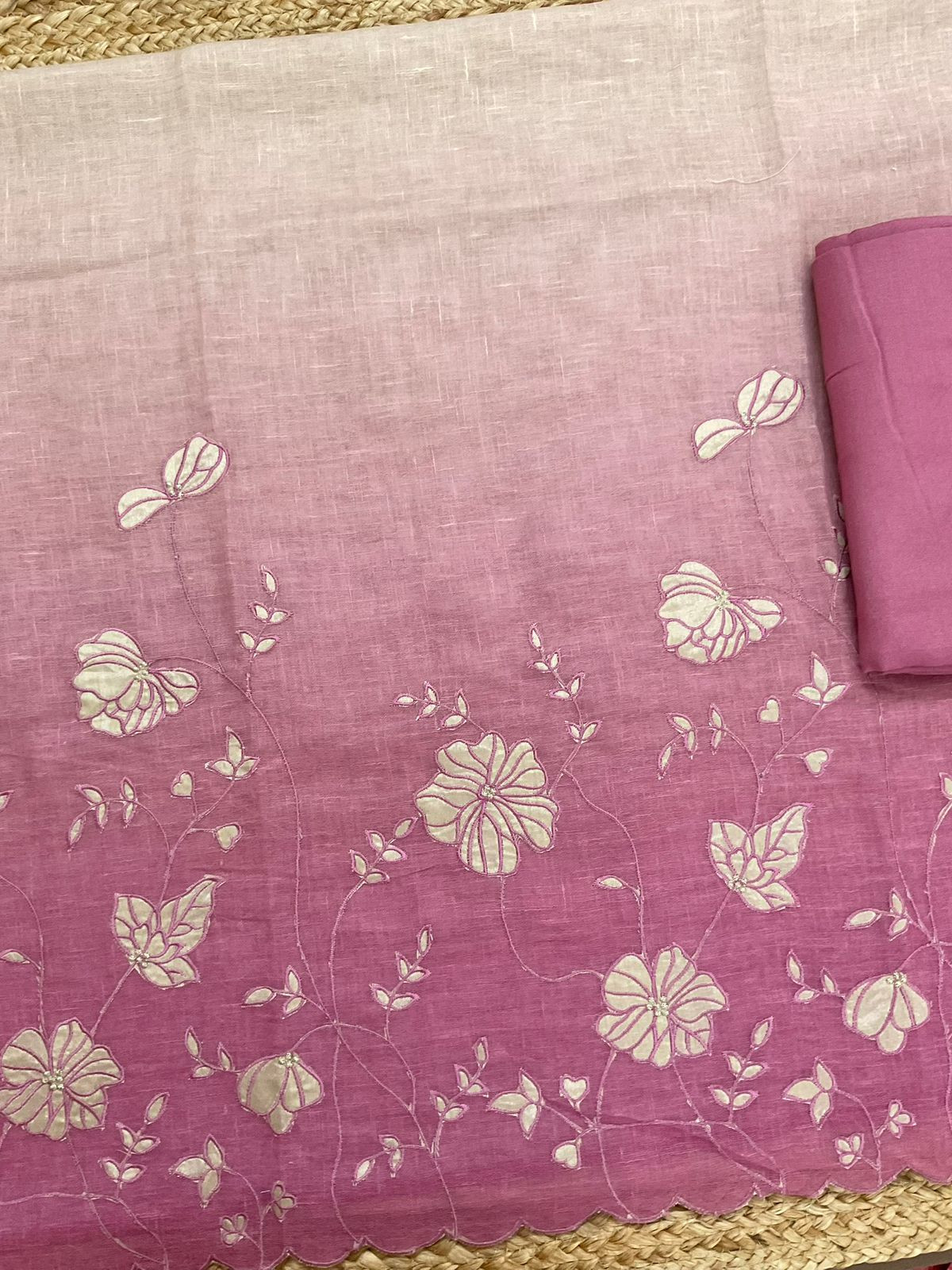 Soft Linen Jute Cotton Shaded Embroidered Suit - Purplish Pink