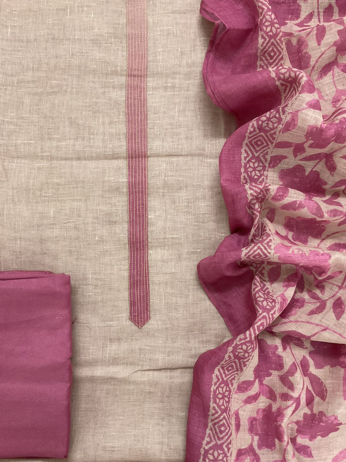 Soft Linen Jute Cotton Shaded Embroidered Suit - Purplish Pink
