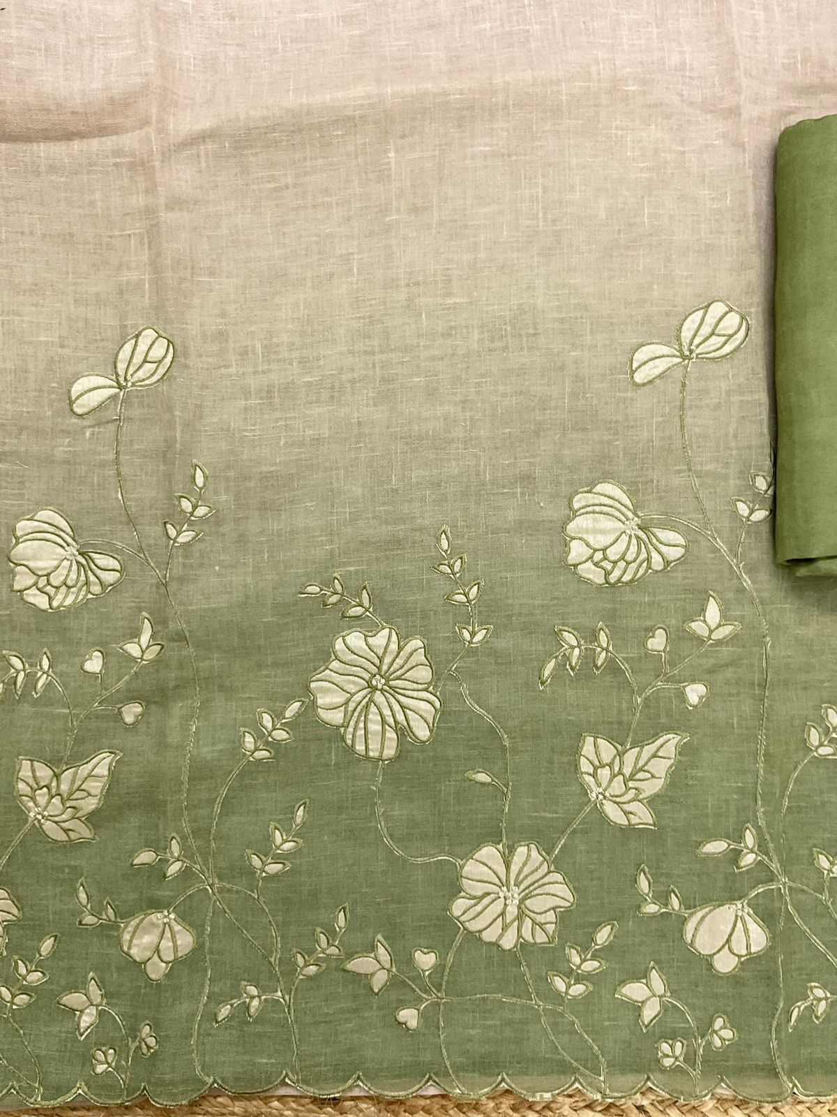 Soft Linen Jute Cotton Shaded Embroidered Suit - Green