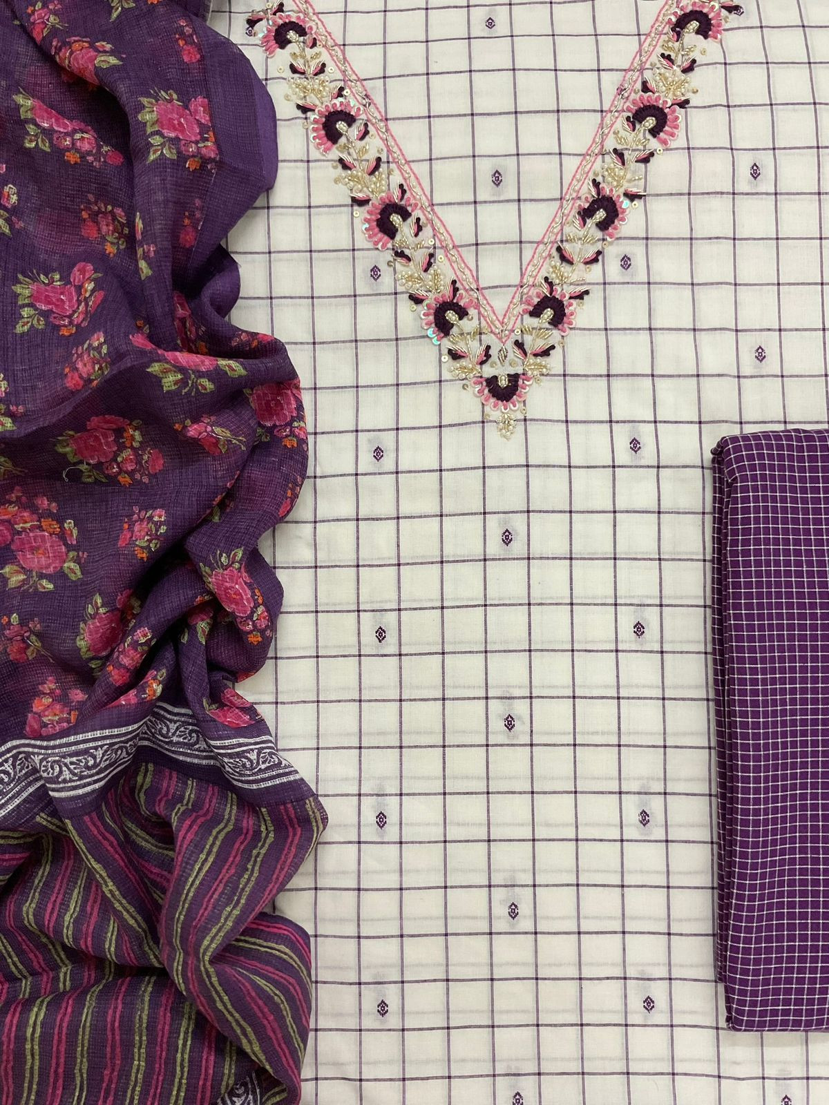 Pure Handloom Cotton Self Weaved Printed Embroidered Suit - Off White