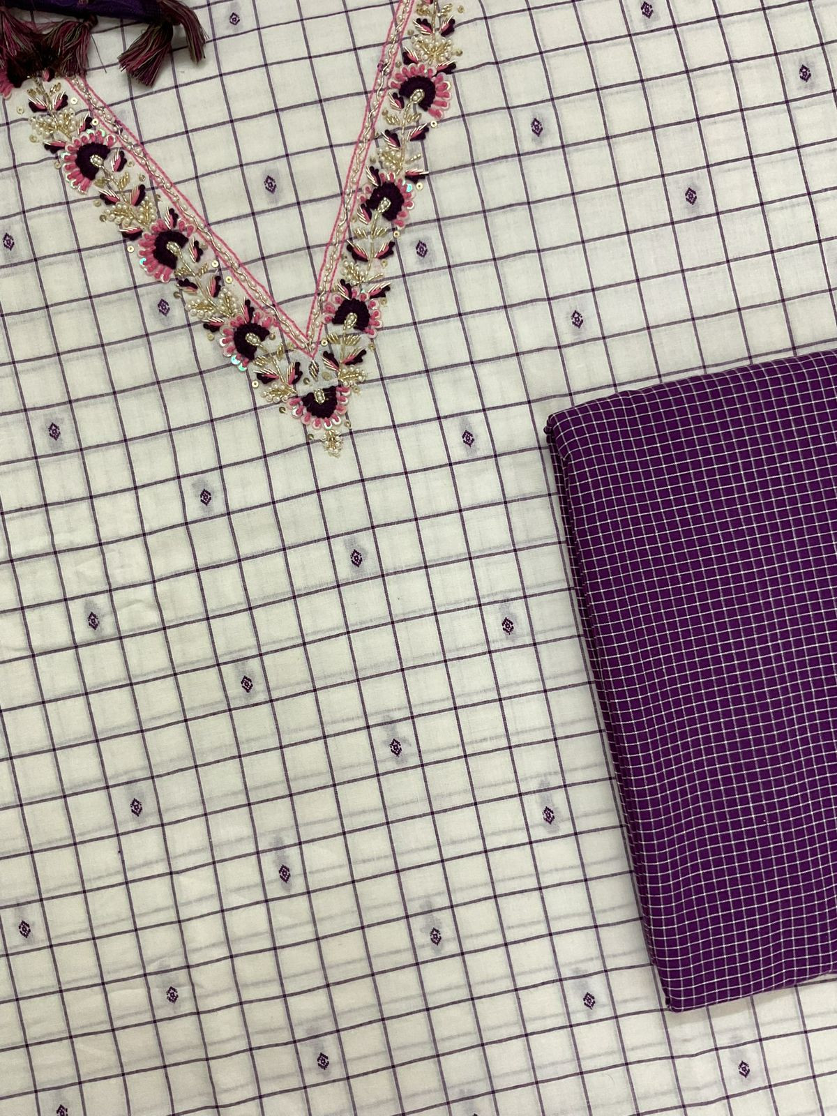 Pure Handloom Cotton Self Weaved Printed Embroidered Suit - Off White