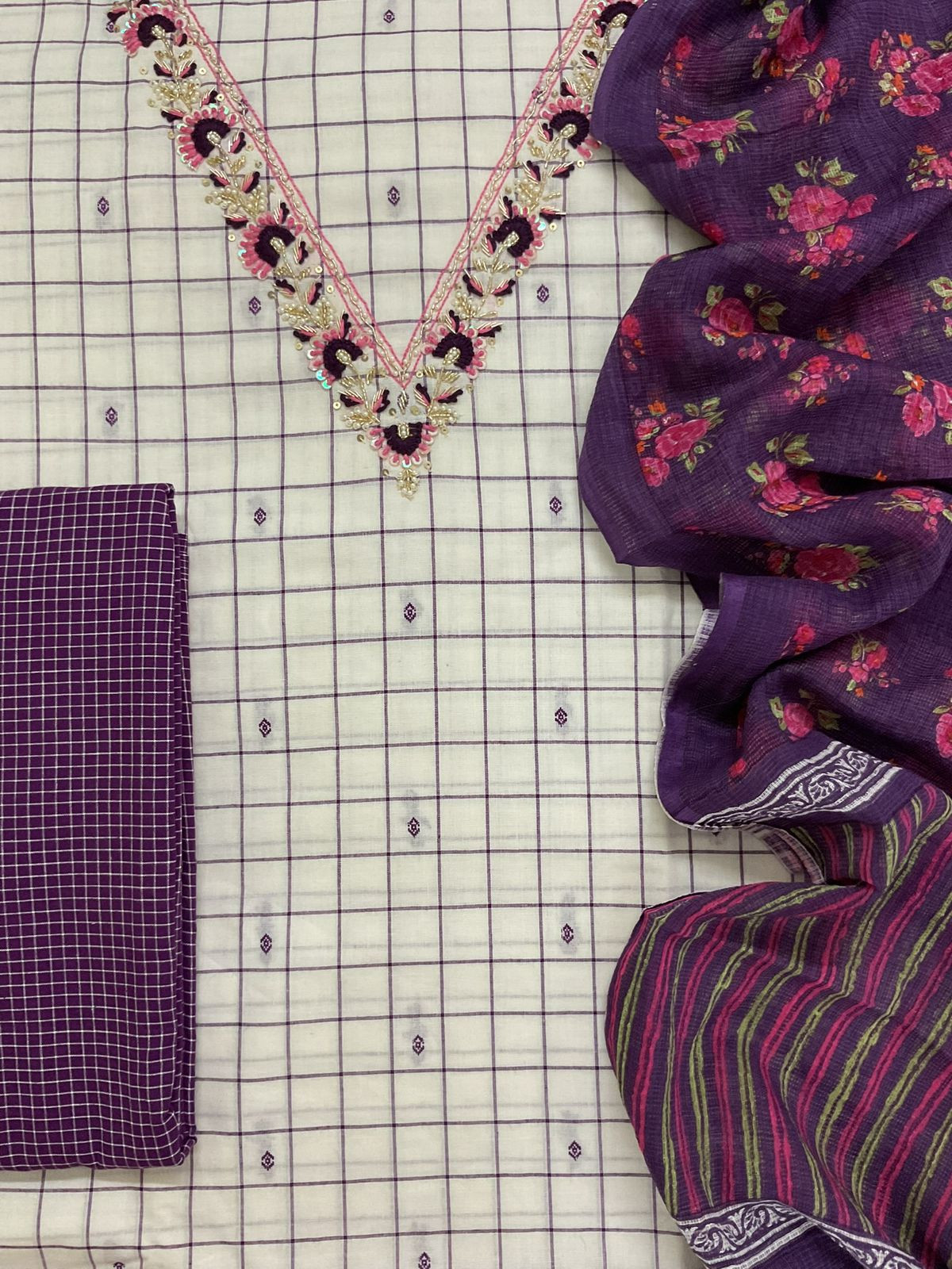 Pure Handloom Cotton Self Weaved Printed Embroidered Suit - Off White